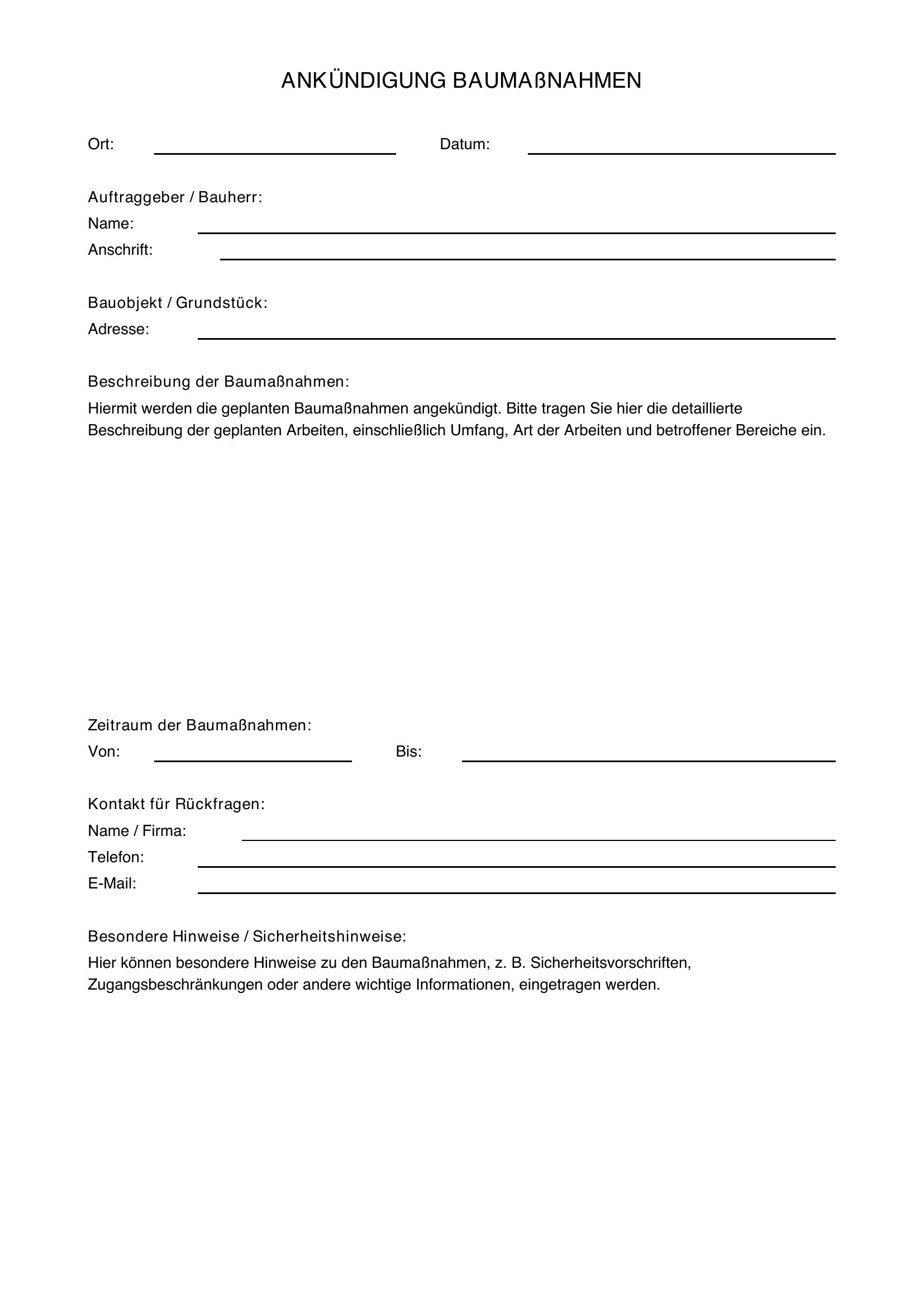 Ankündigung Baumaßnahmen Muster