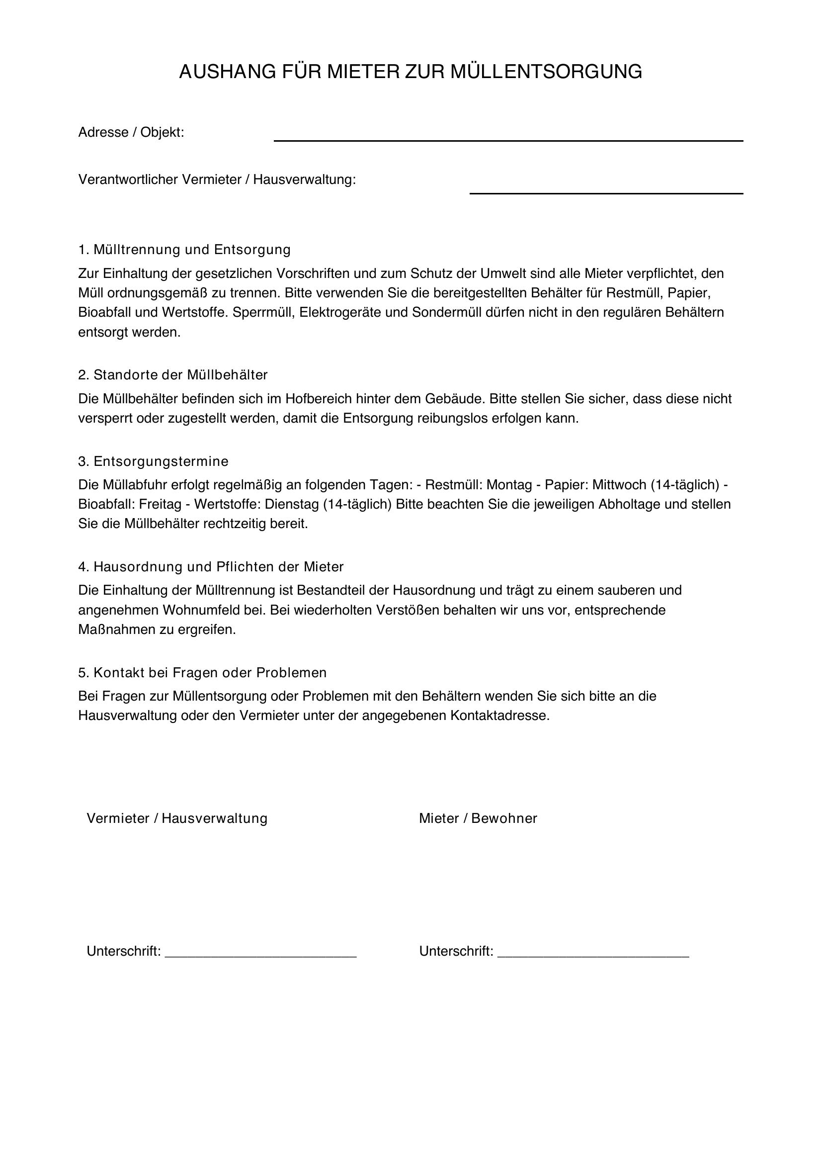 Aushang Mieter Müllentsorgung