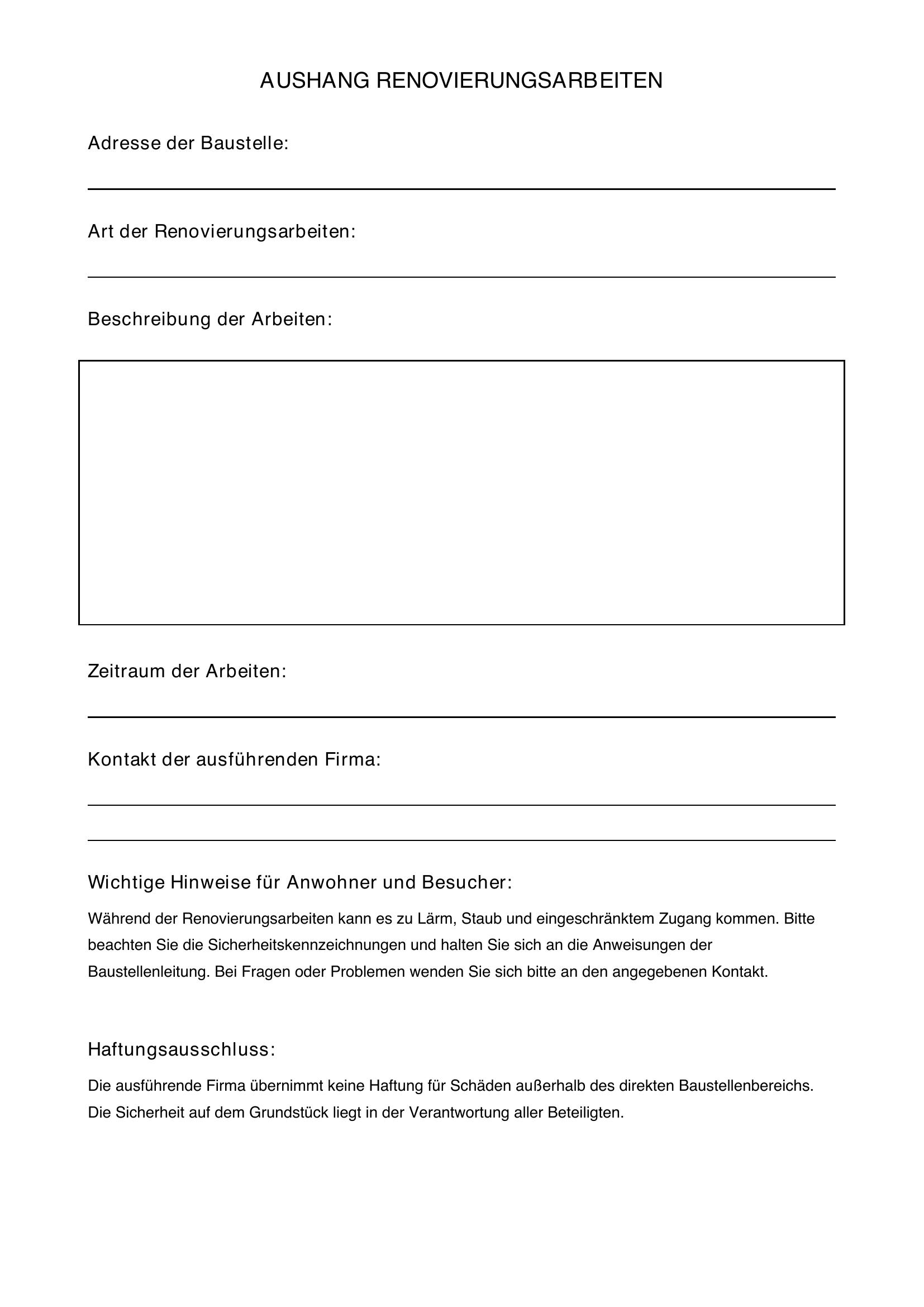 Aushang Renovierungsarbeiten Muster