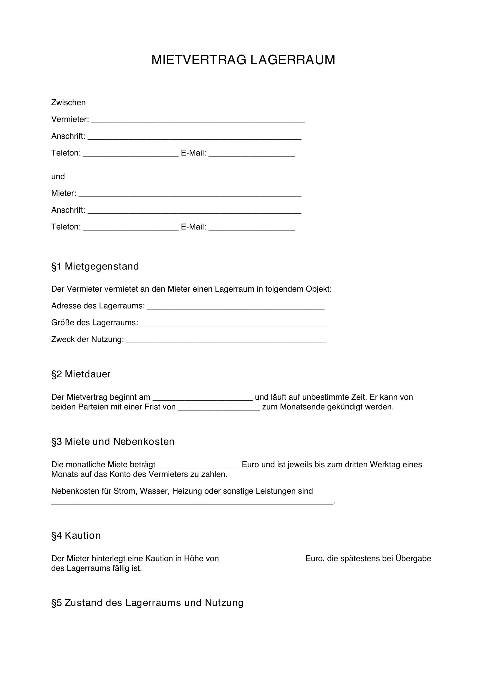 Mietvertrag Lagerraum Vorlage Word