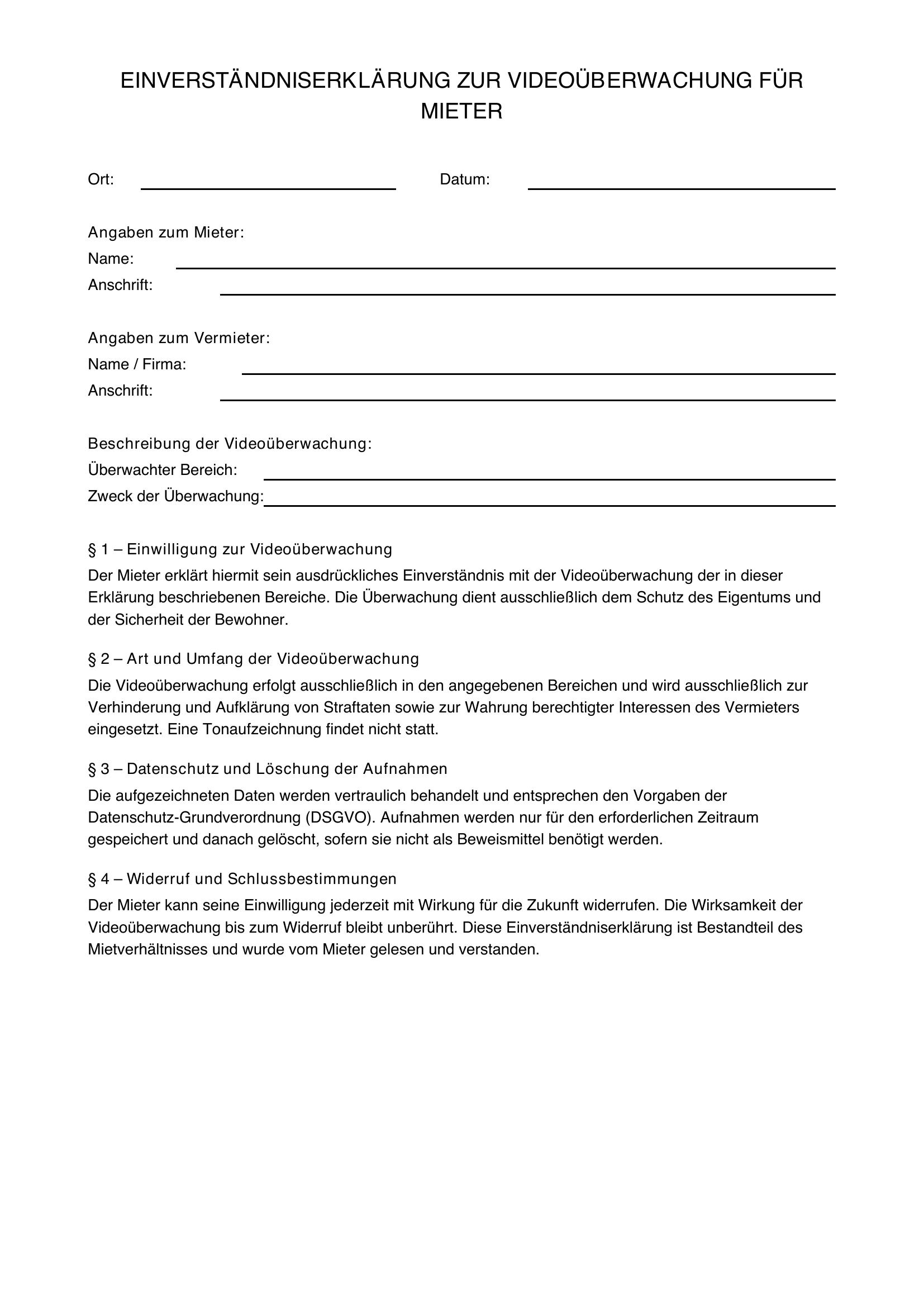 Einverständniserklärung Videoüberwachung Mieter
