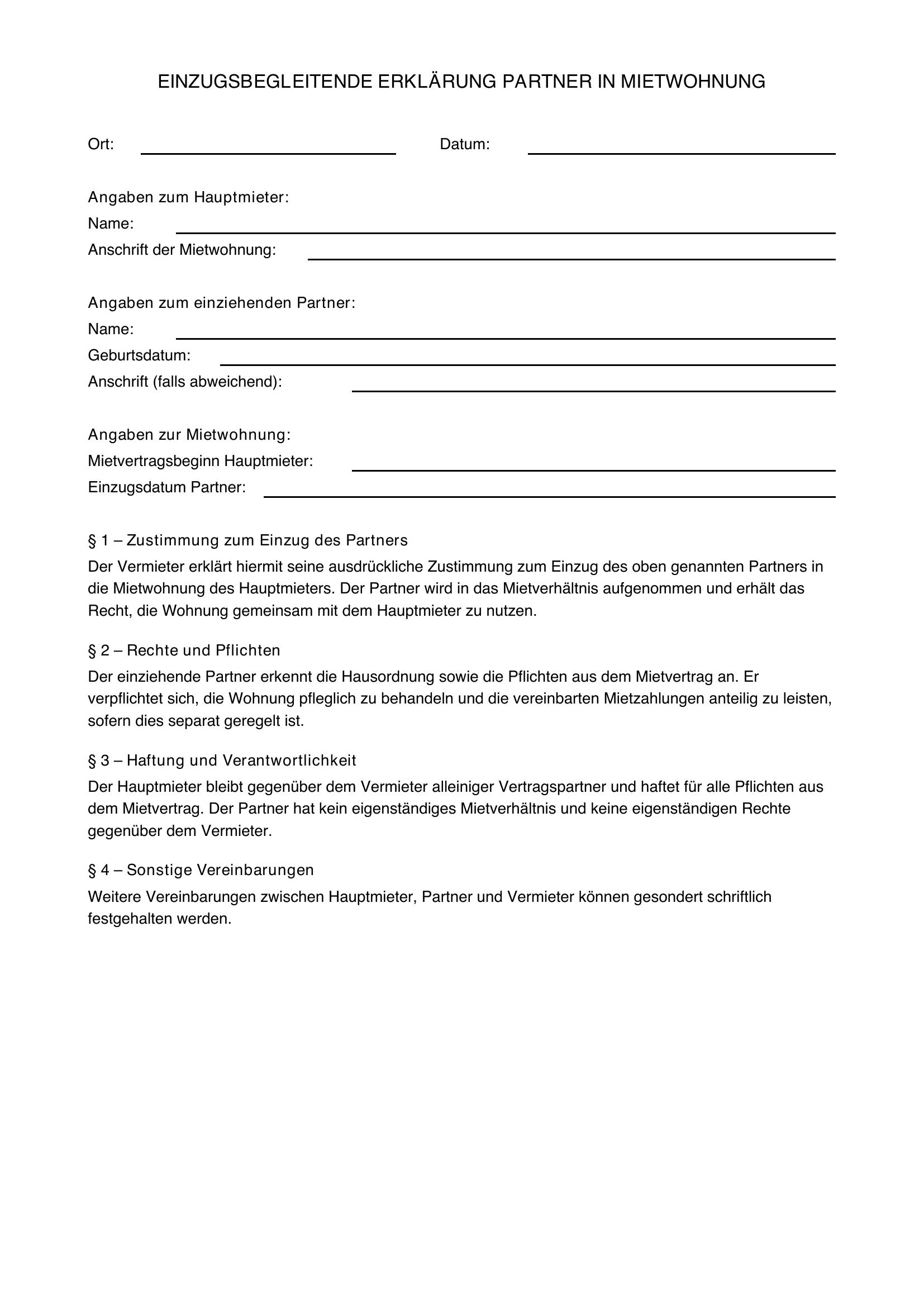Einzug Partner In Mietwohnung Muster