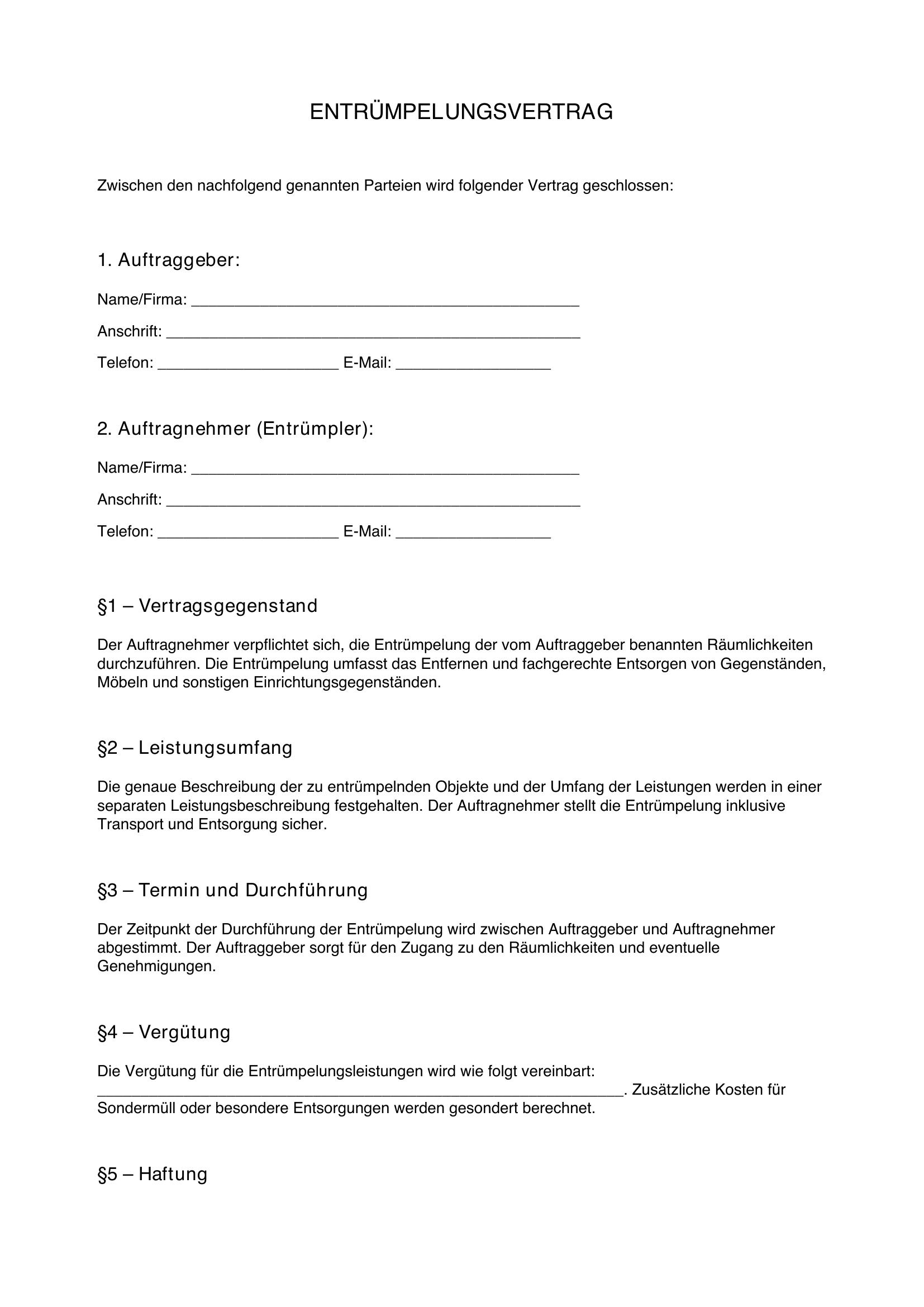 Entrümpelung Vertrag