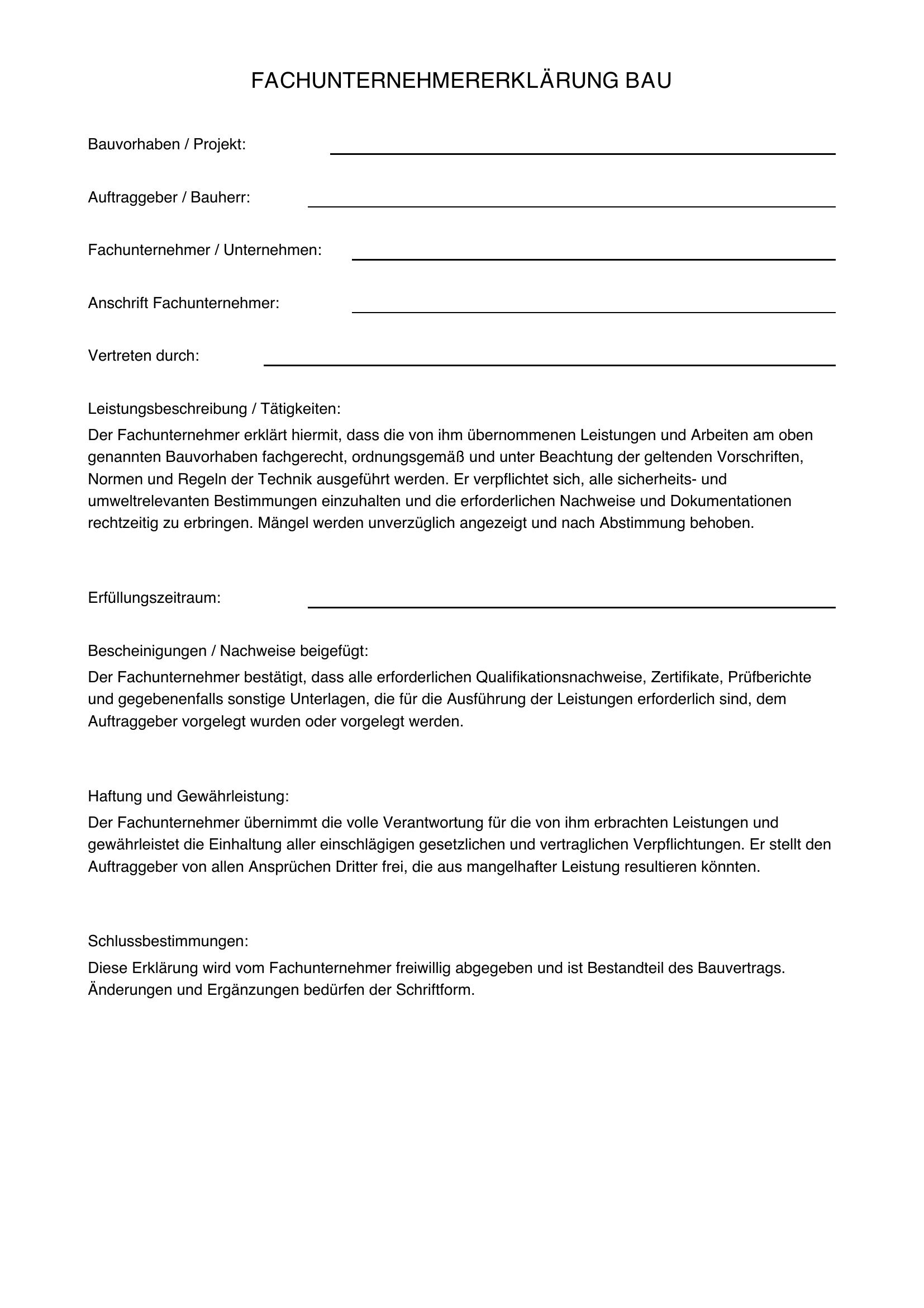Fachunternehmererklärung Vorlage Bau