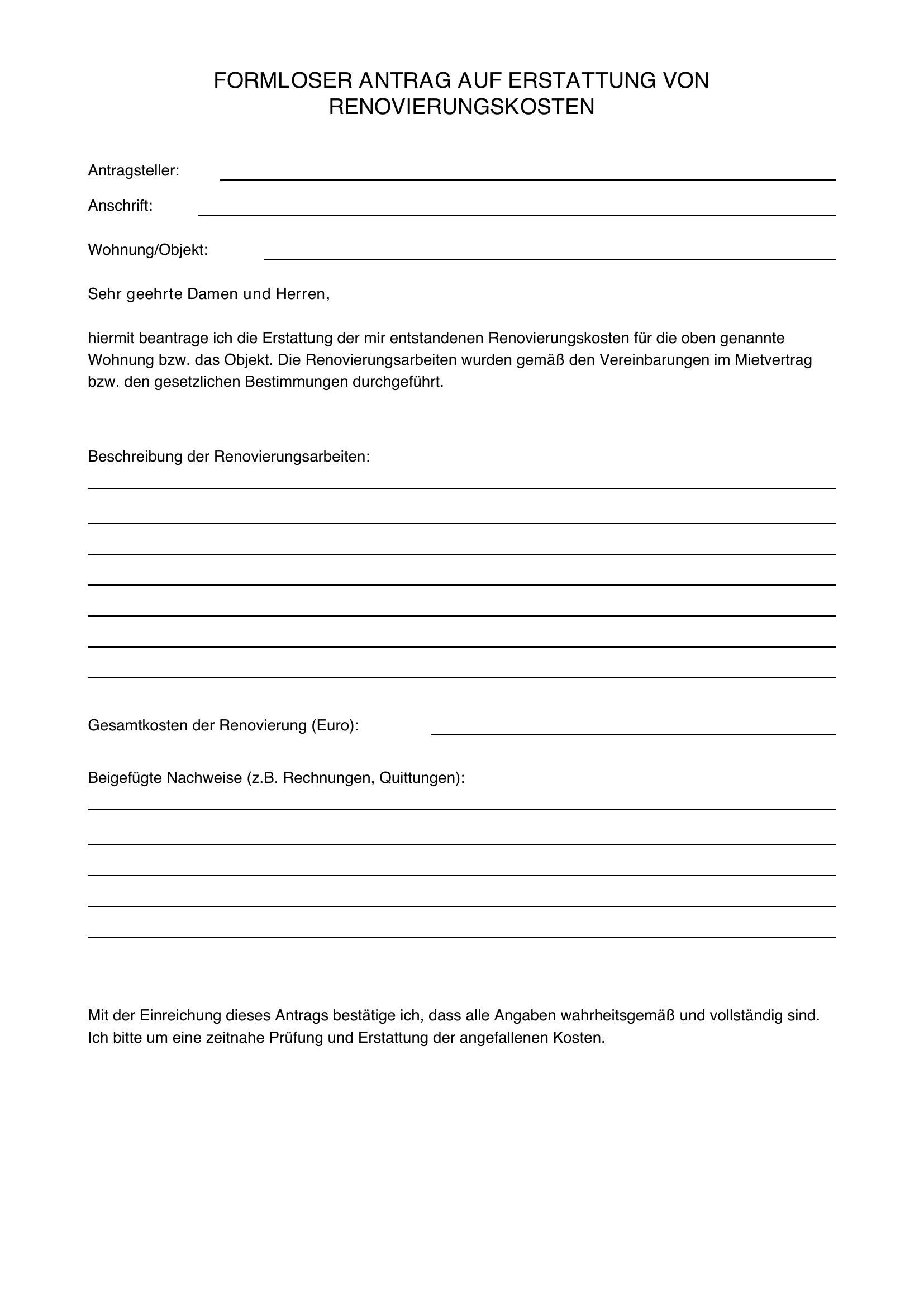 Formloser Antrag Renovierungskosten Muster