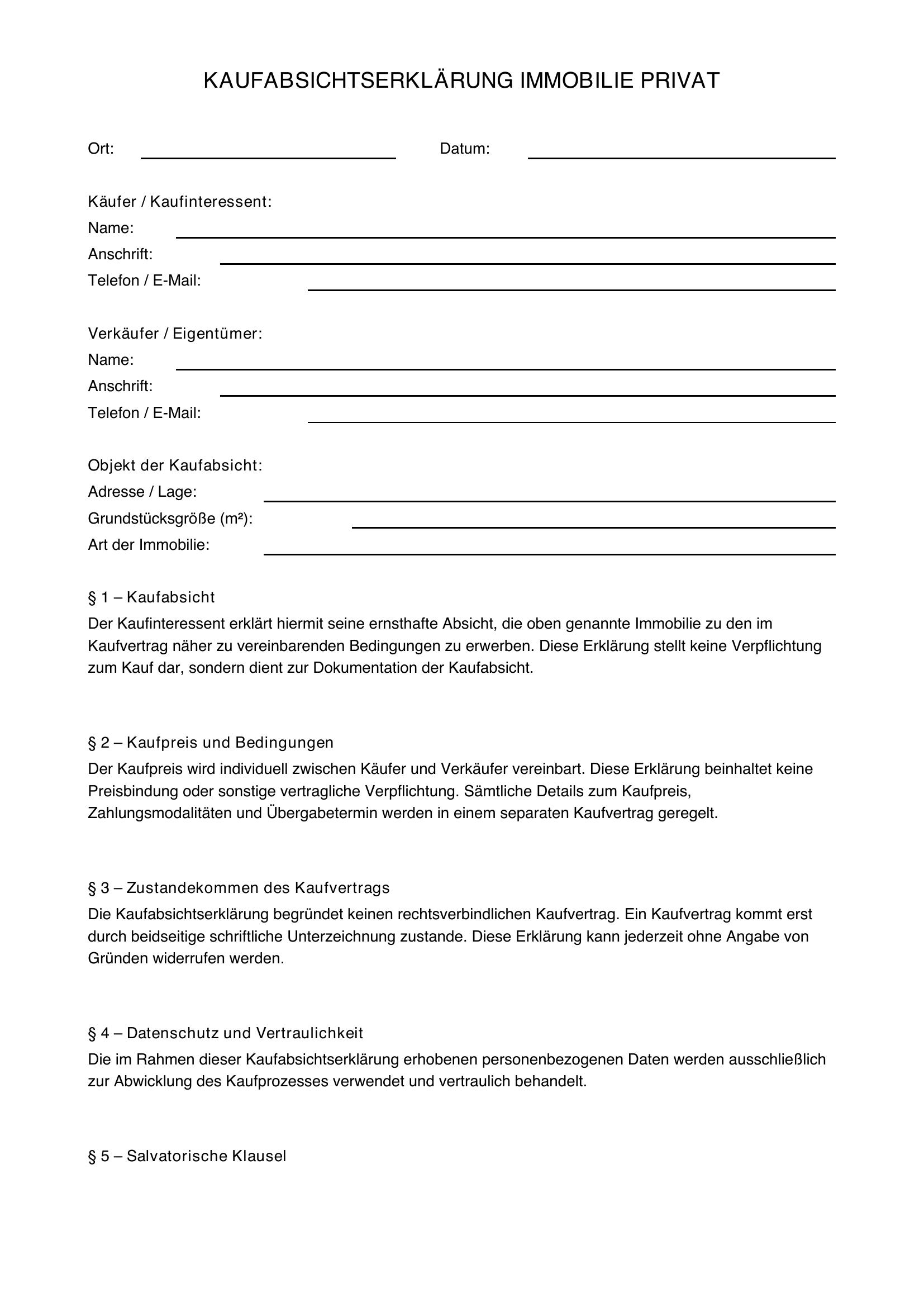 Kaufabsichtserklärung Immobilie Vorlage Privat