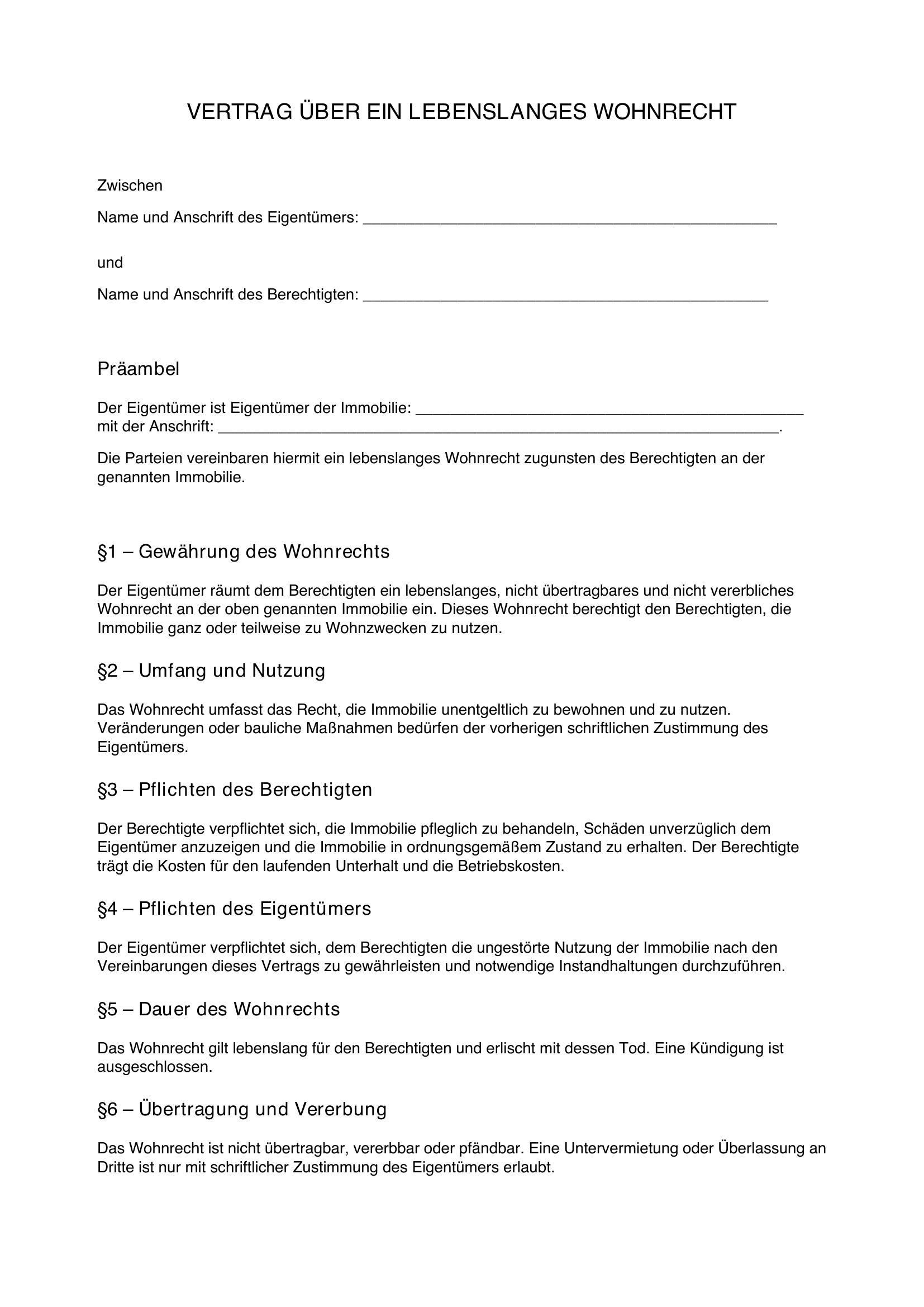 Lebenslanges Wohnrecht Vertrag