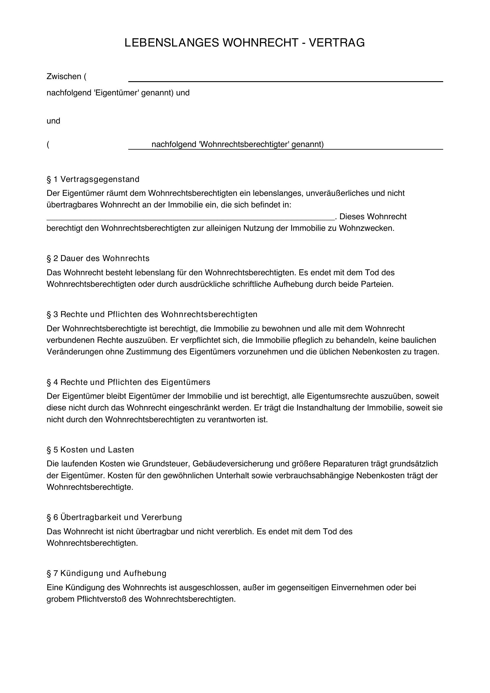 Lebenslanges Wohnrecht Wohnrecht Vertrag Ohne Notar Muster