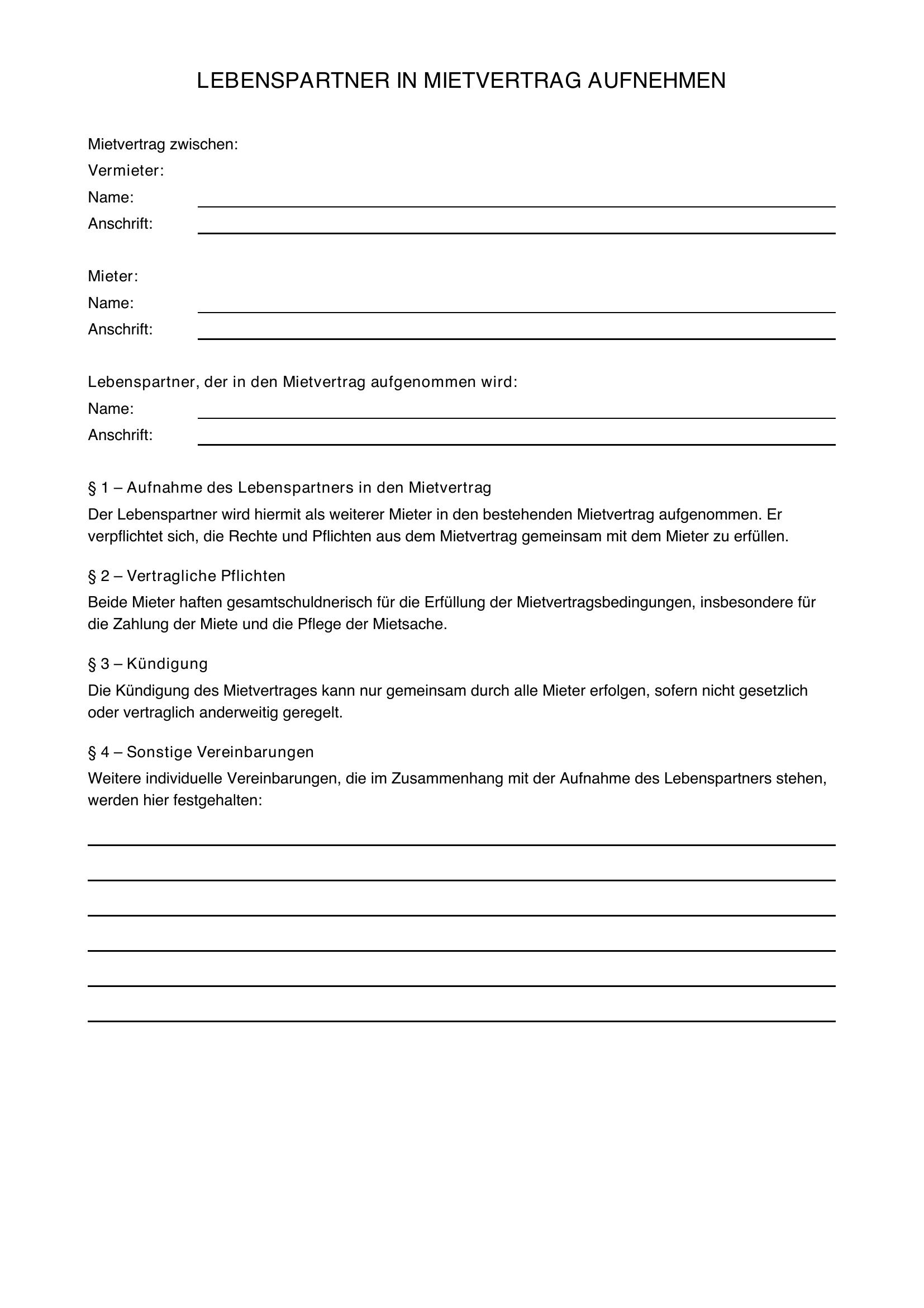 Lebenspartner In Mietvertrag Aufnehmen