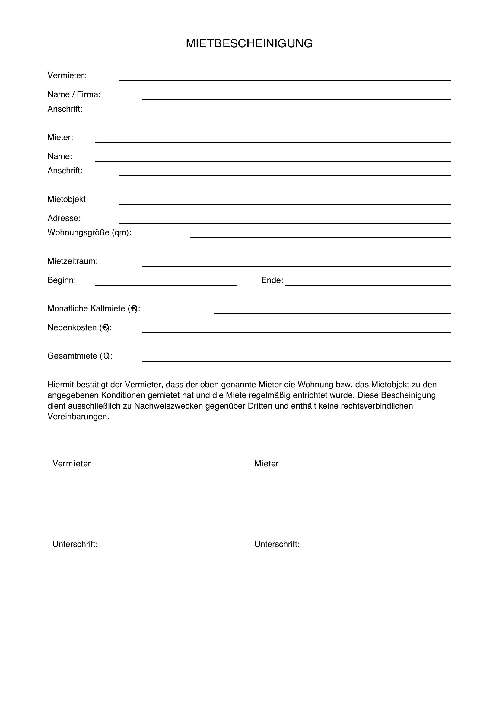 Mietbescheinigung Einfach