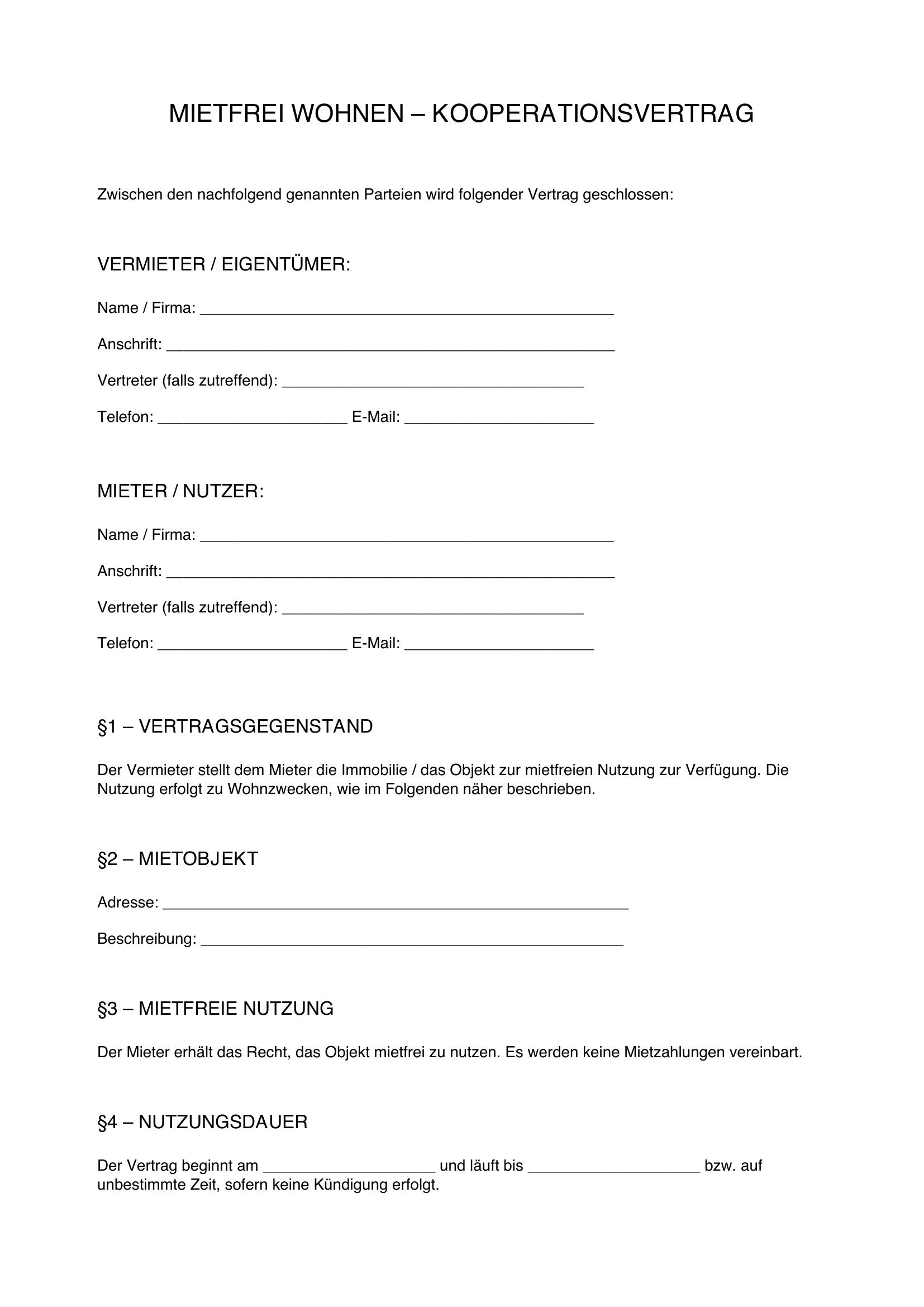 Mietfrei Wohnen Vertrag