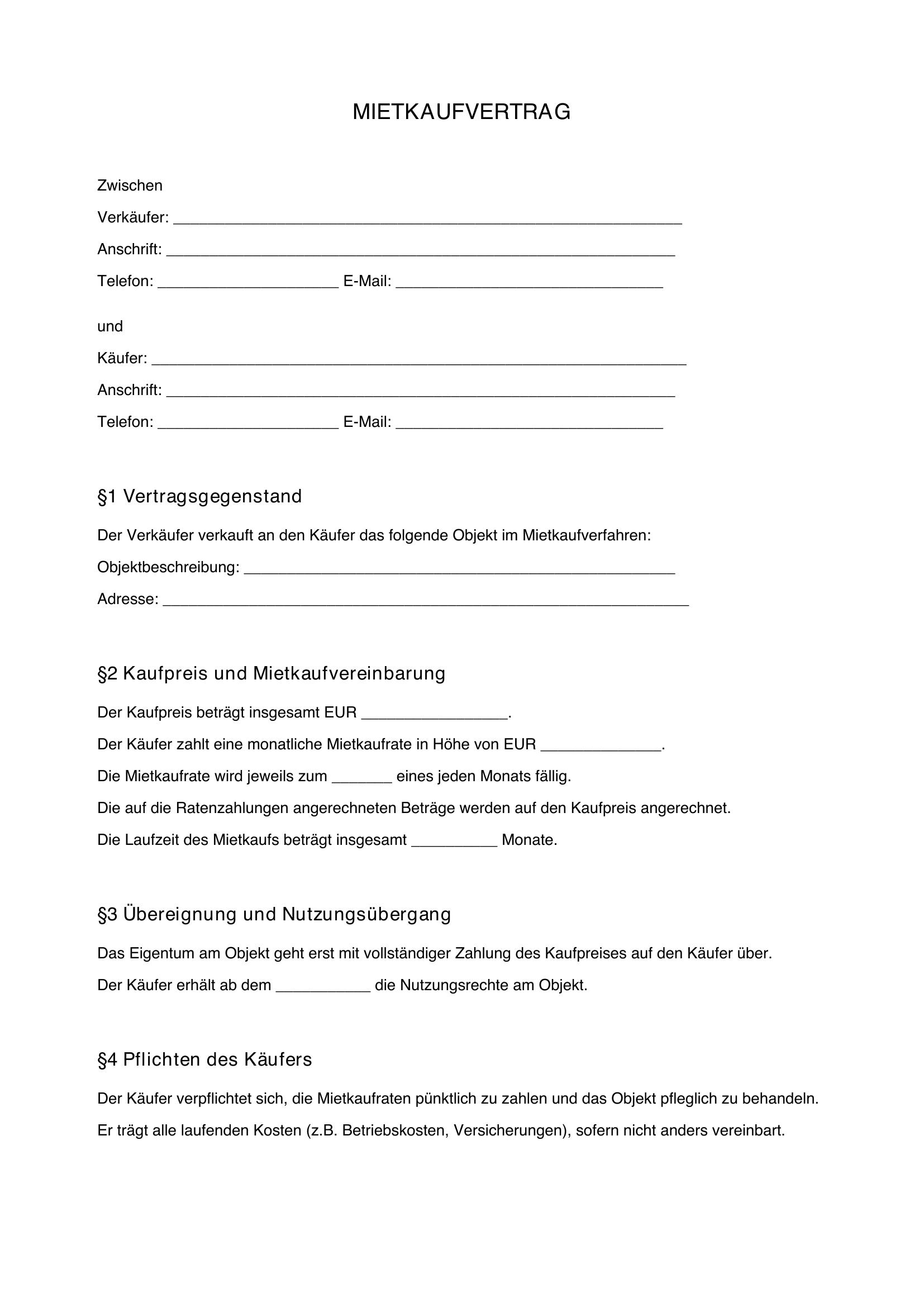 Mietkaufvertrag Vorlage
