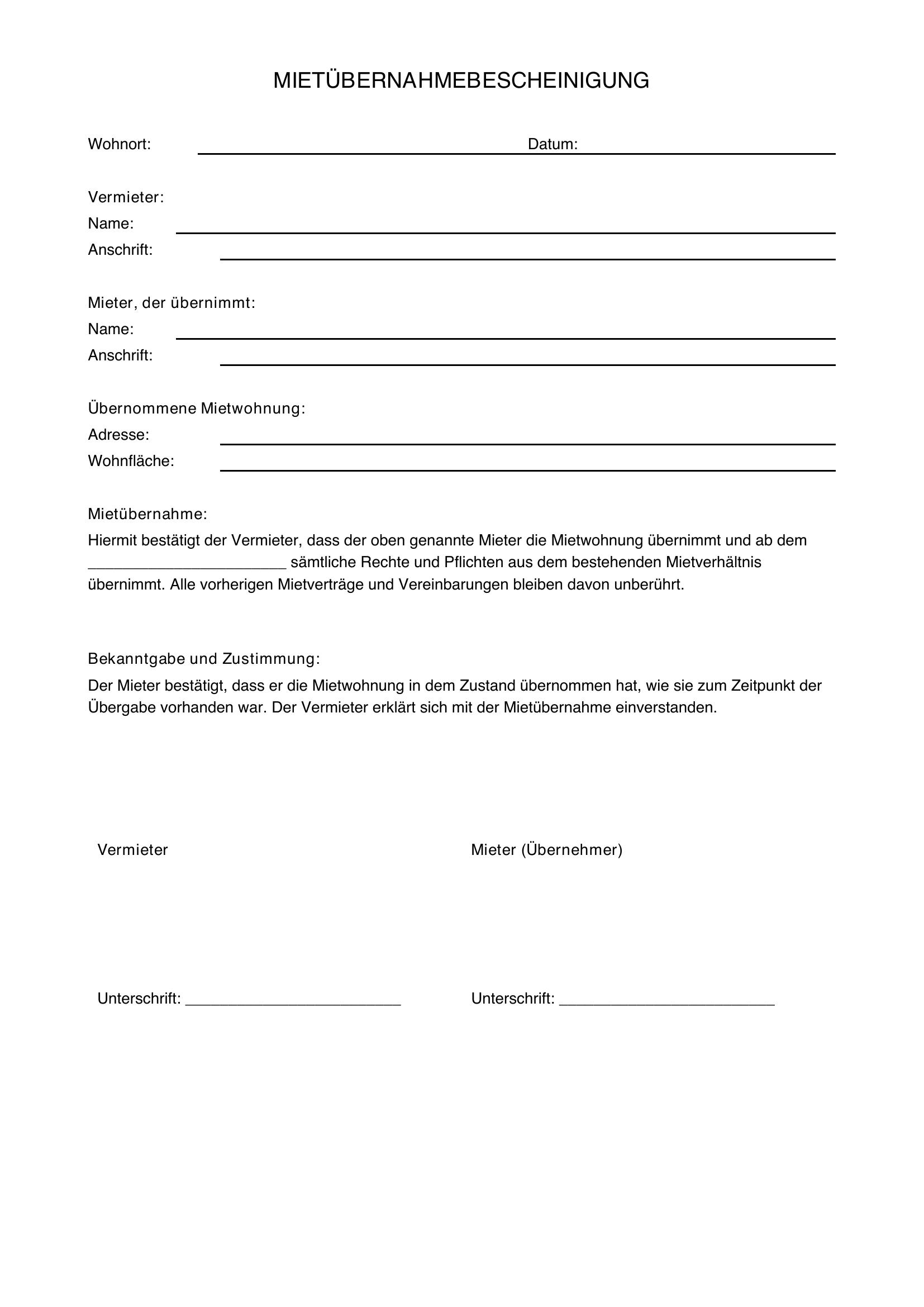 Mietübernahmebescheinigung