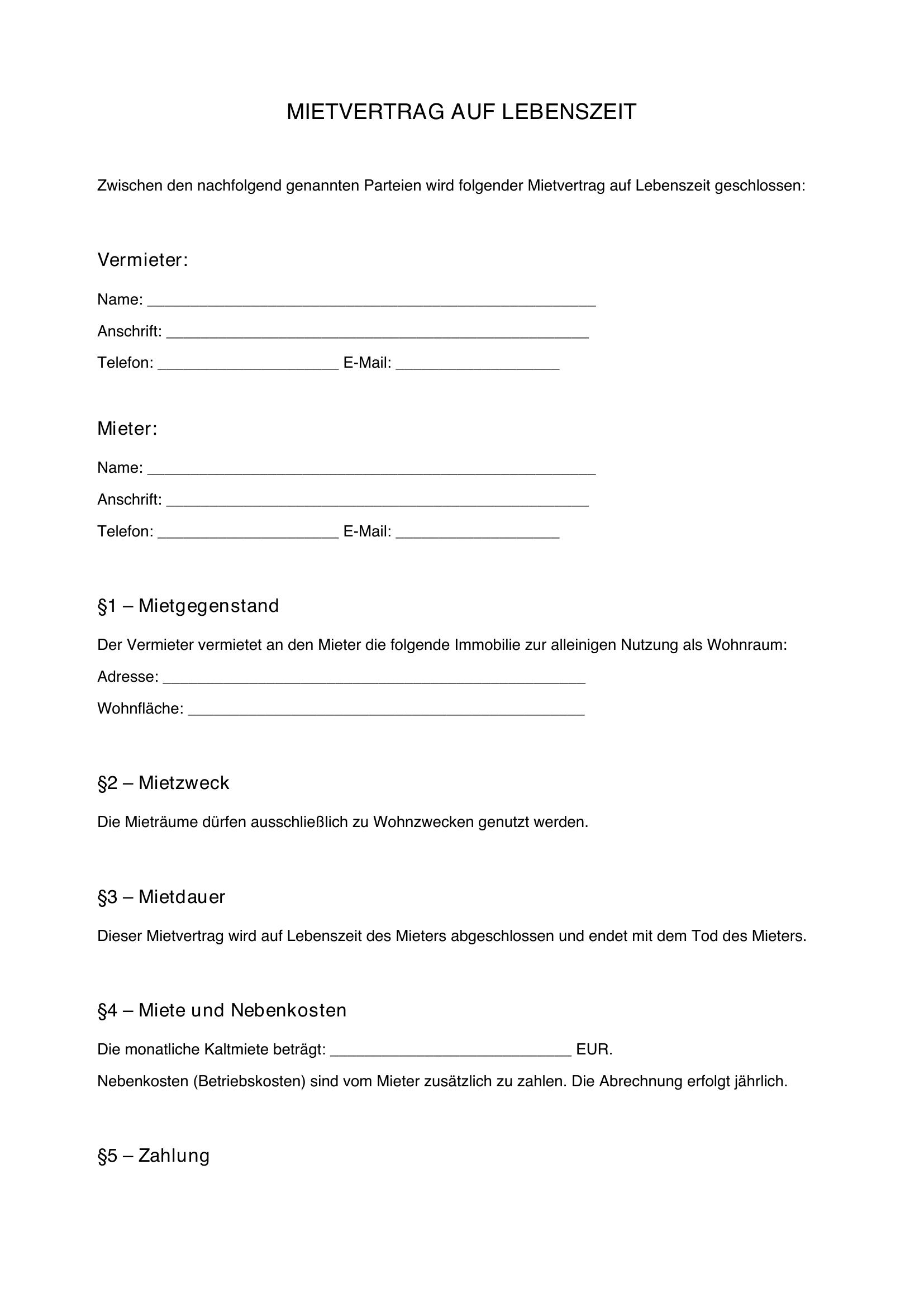 Mietvertrag Auf Lebenszeit Vordruck