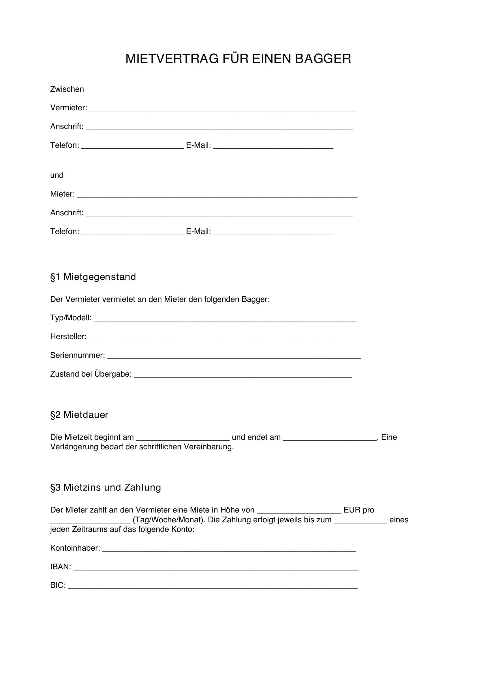 Mietvertrag Bagger Muster
