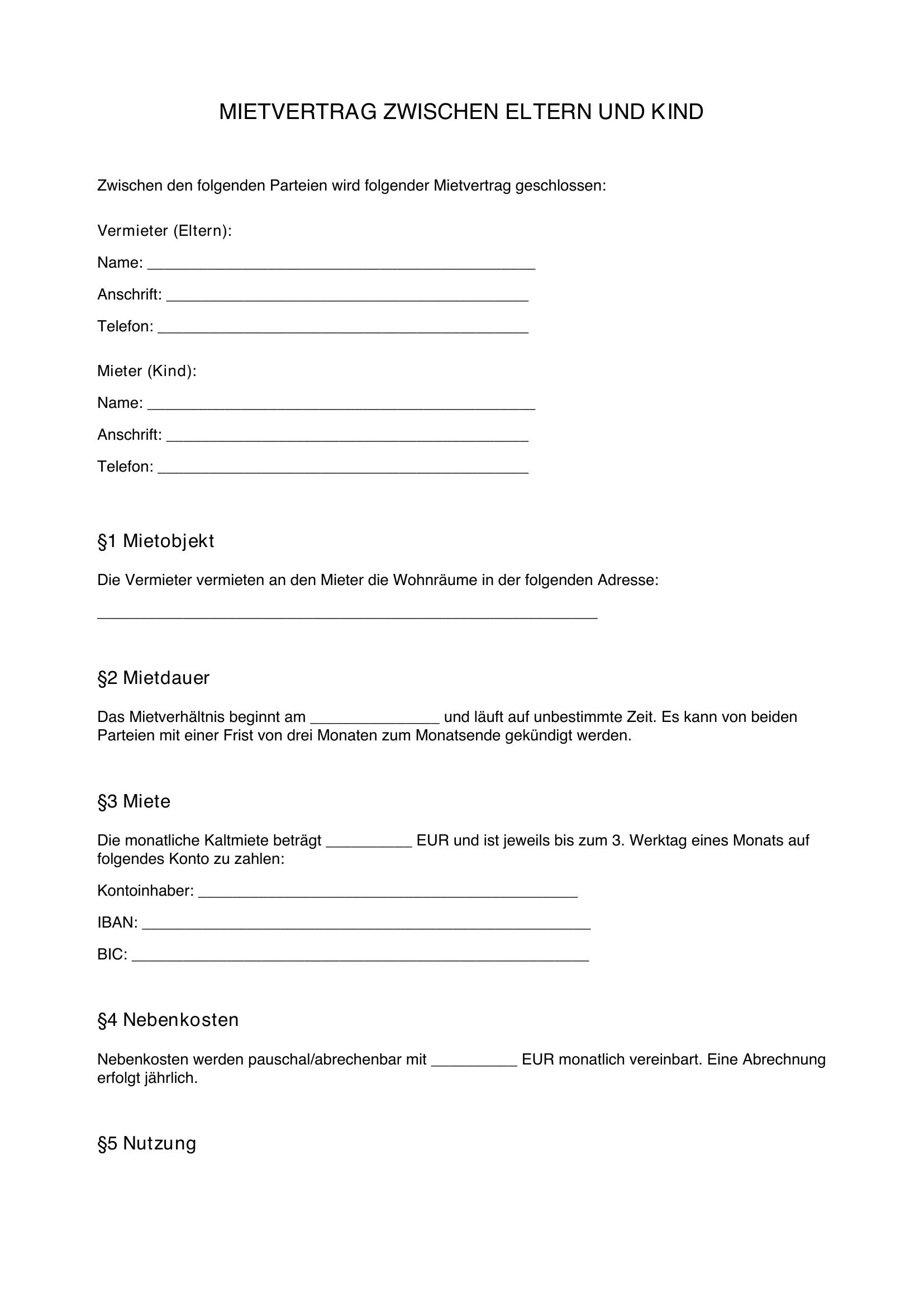Mietvertrag Mit Eltern Hartz 4 Vorlage