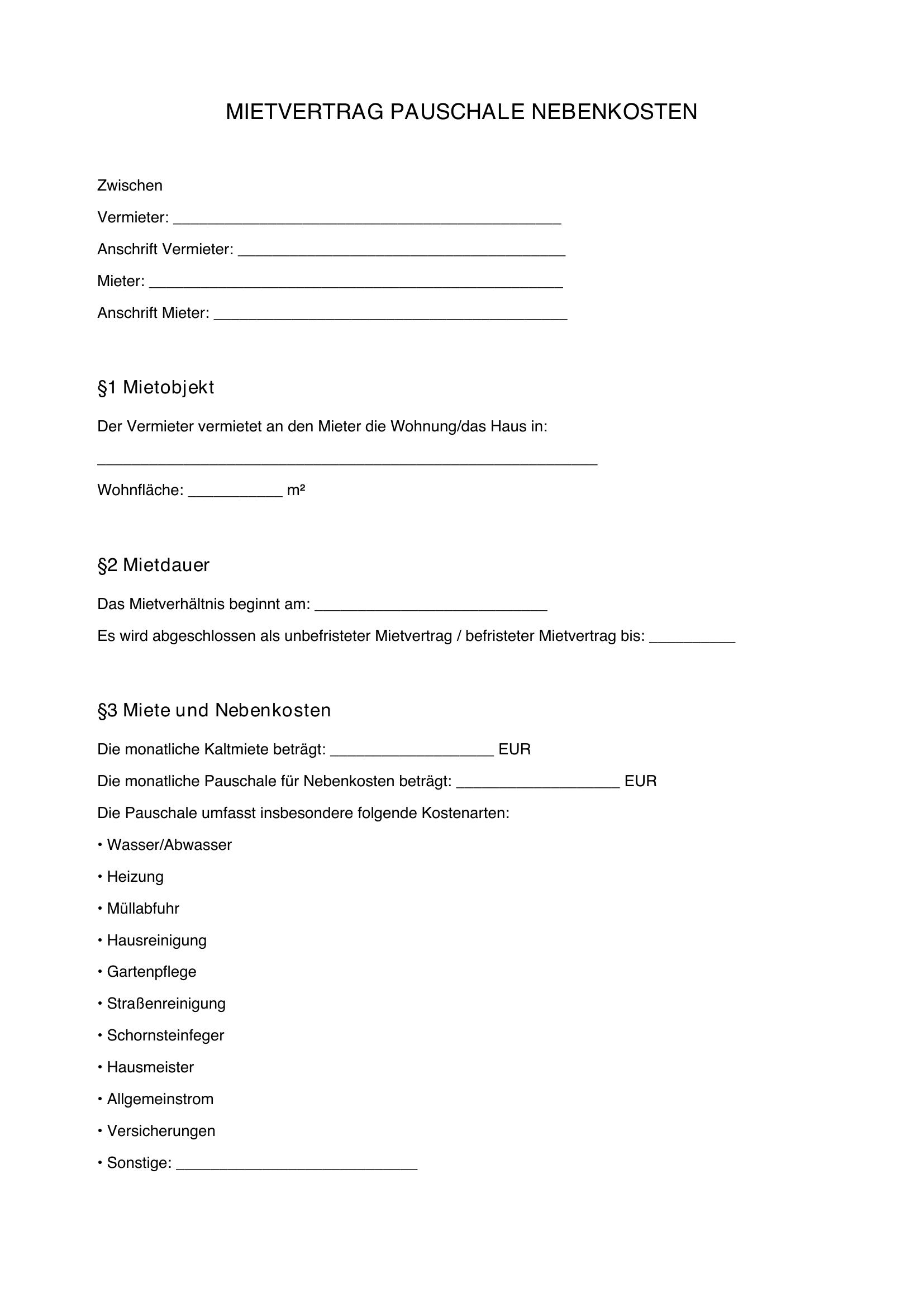 Mietvertrag Pauschale Nebenkosten Muster