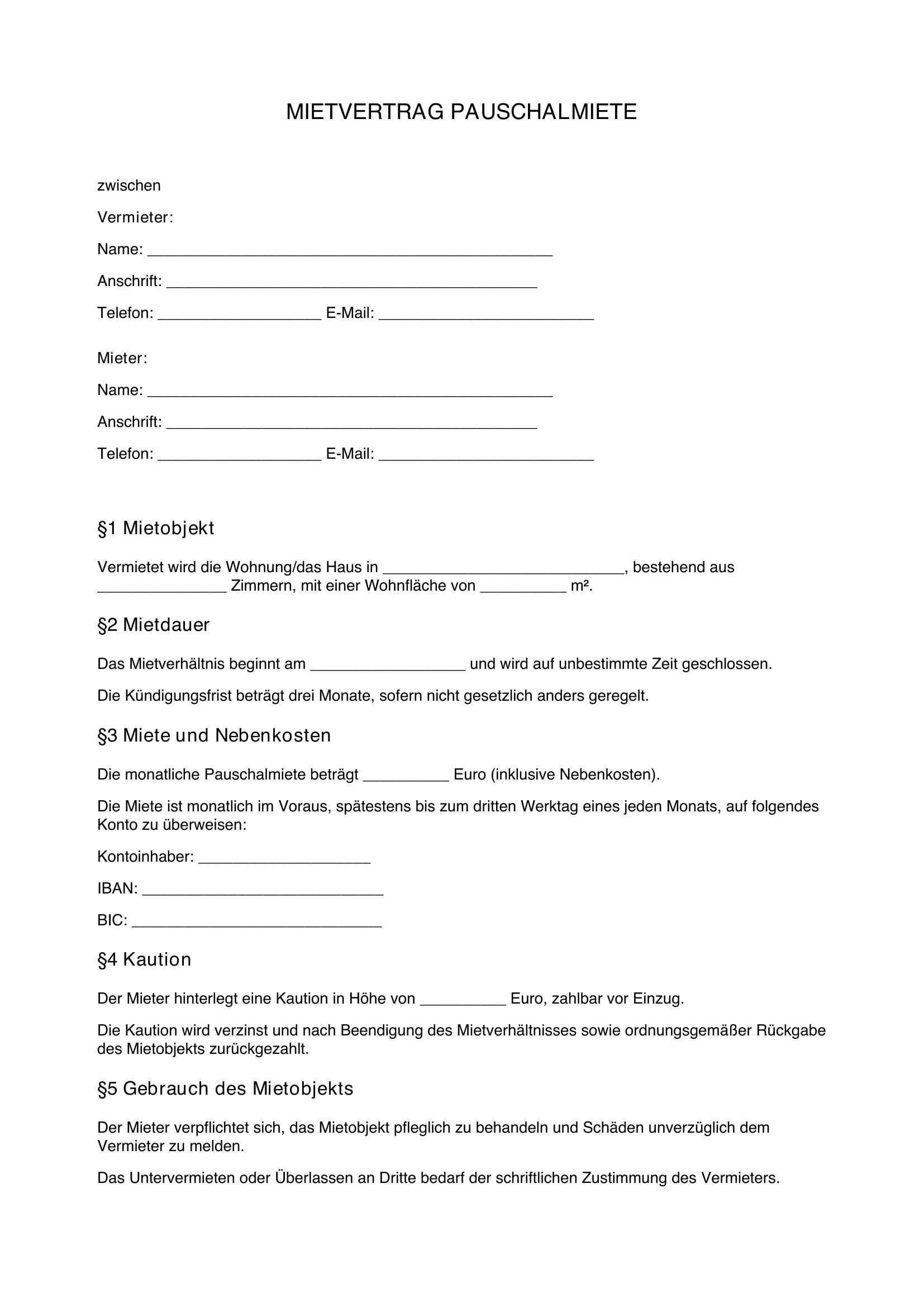 Mietvertrag Pauschalmiete