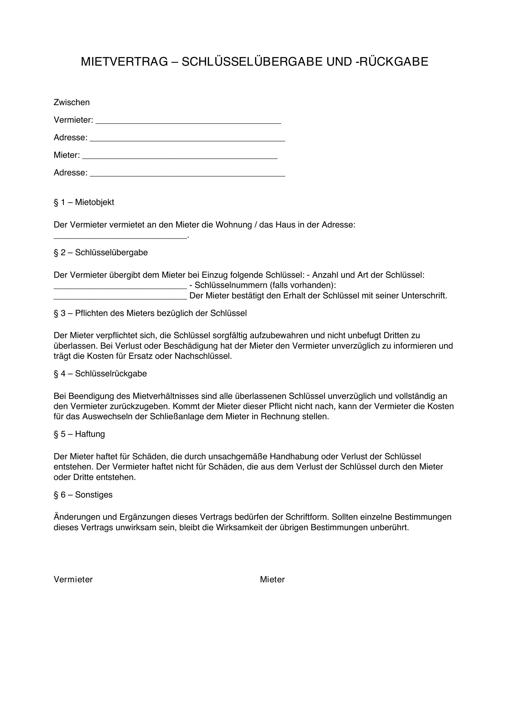 Mietvertrag Schlüssel Klausel Muster