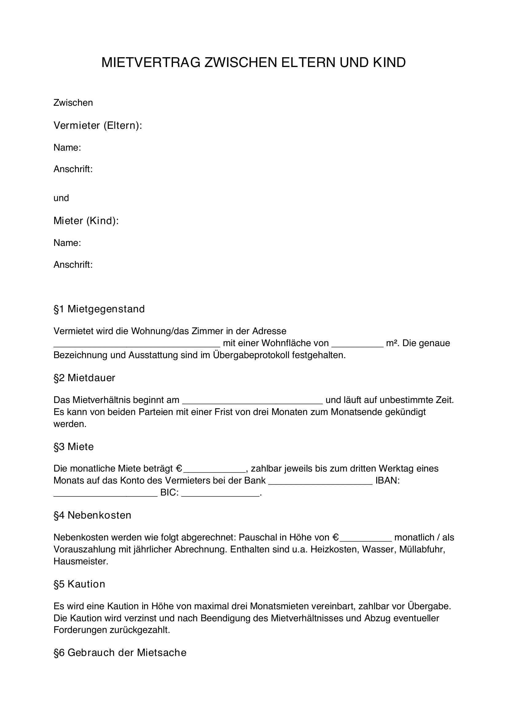 Mietvertrag Zwischen Eltern Und Kind Muster