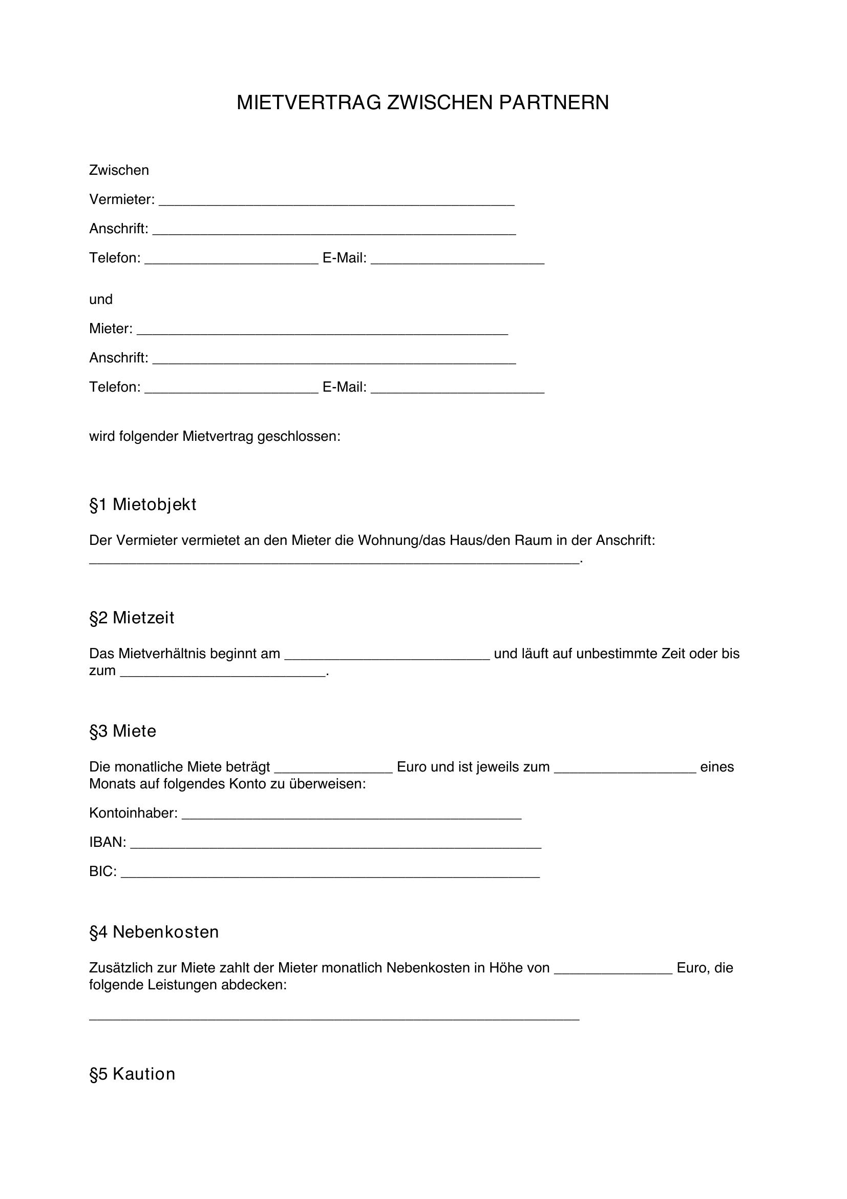 Mietvertrag Zwischen Partnern Muster