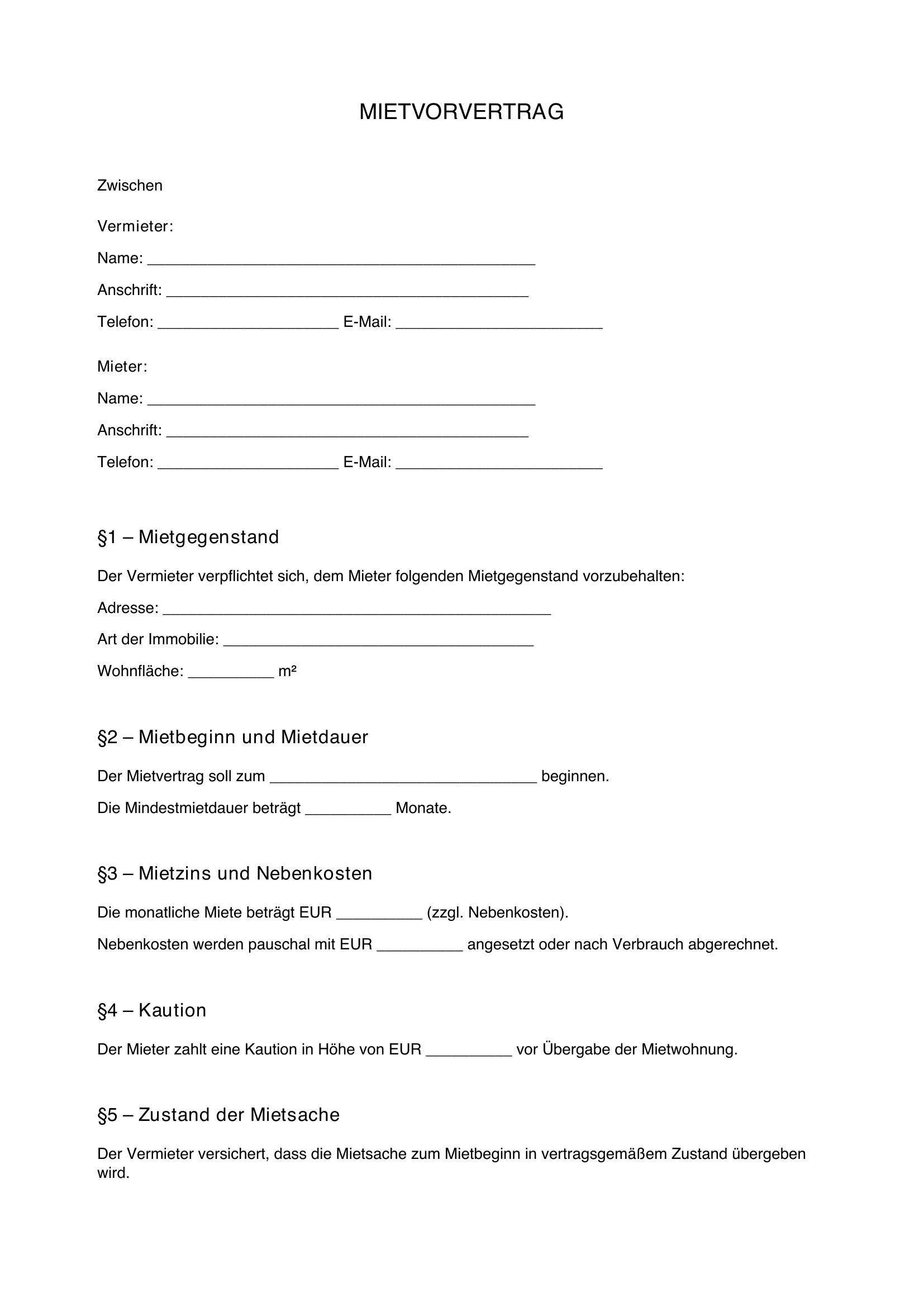 Mietvorvertrag Vorlage