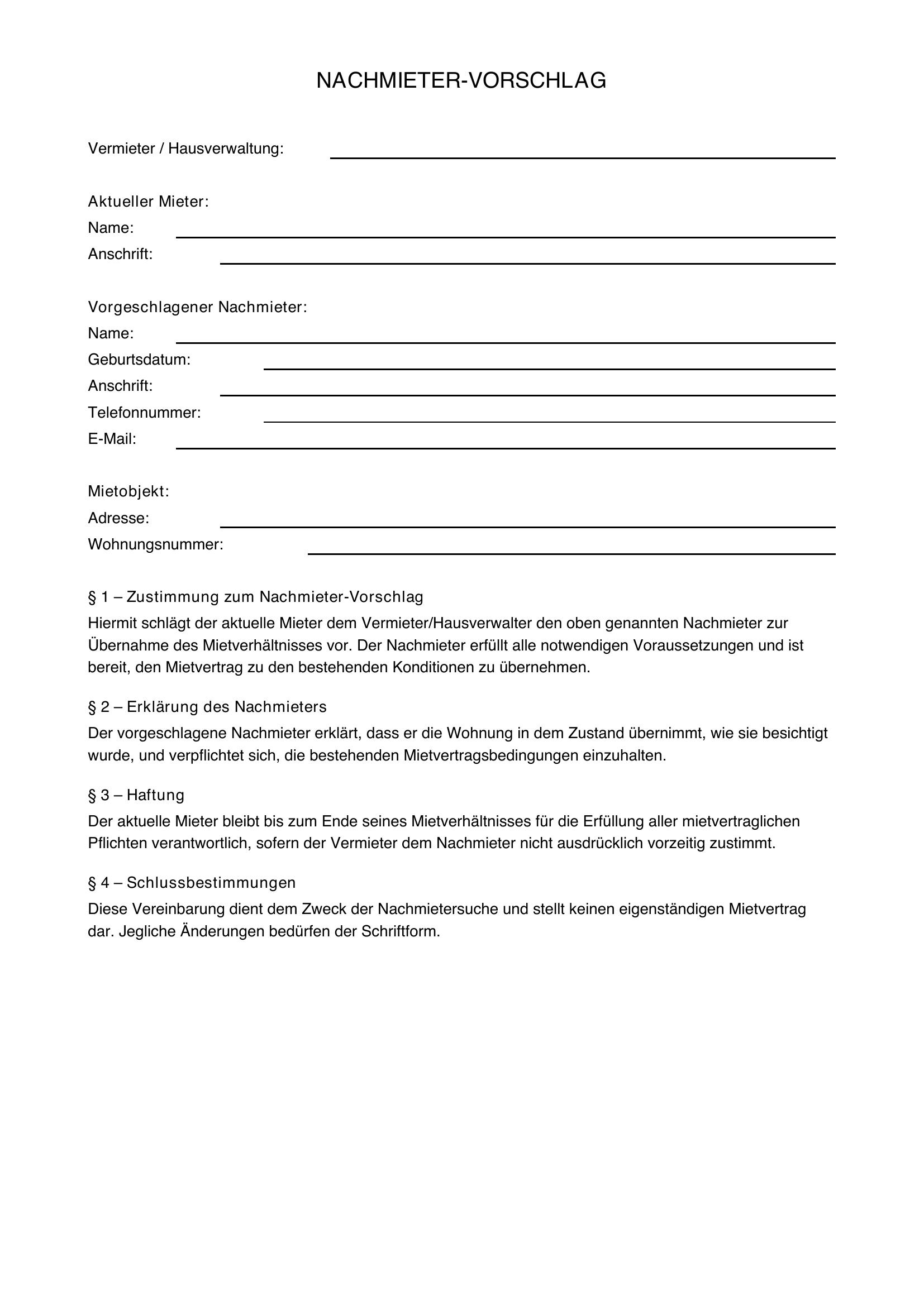 Nachmieter Vorschlagen Muster