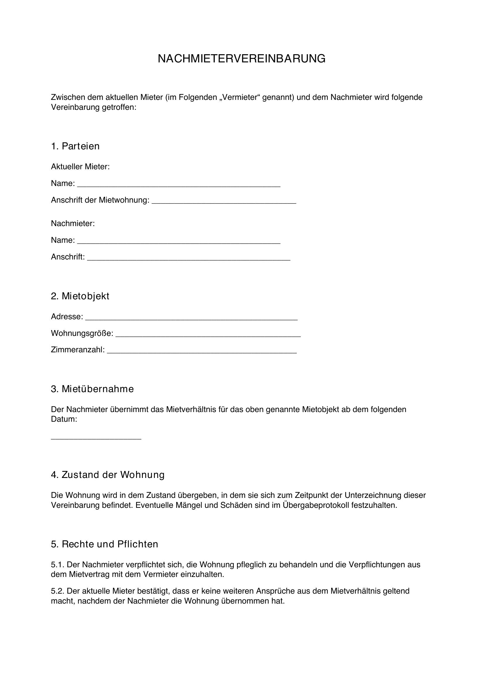 Vereinbarung Mit Nachmieter