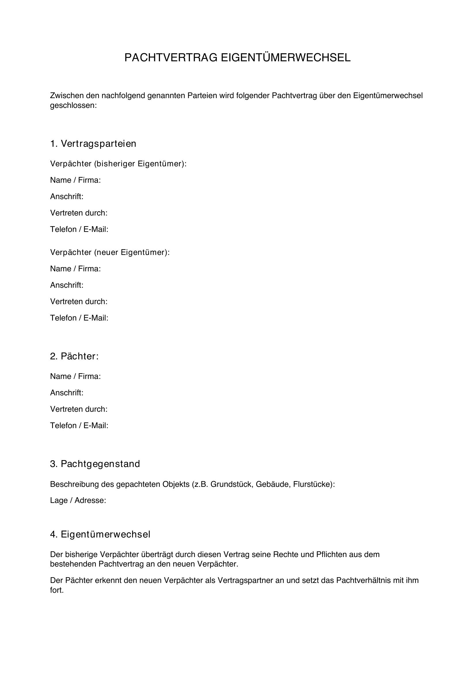 Pachtvertrag Eigentümerwechsel Muster