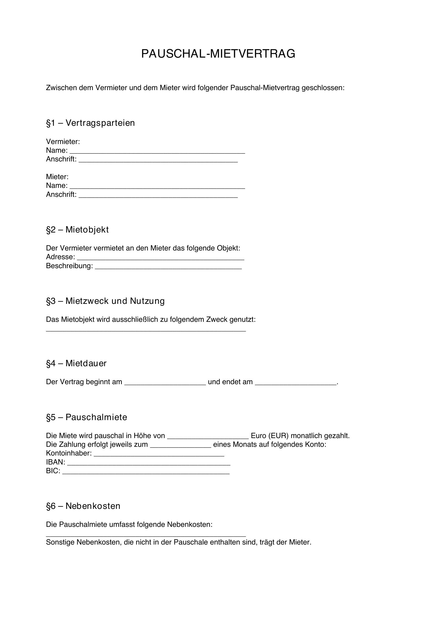 Pauschal Mietvertrag Vordruck
