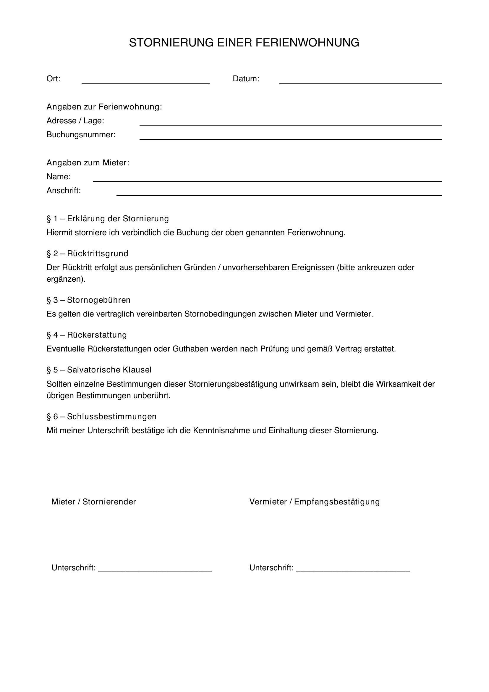 Stornierung Ferienwohnung Vorlage