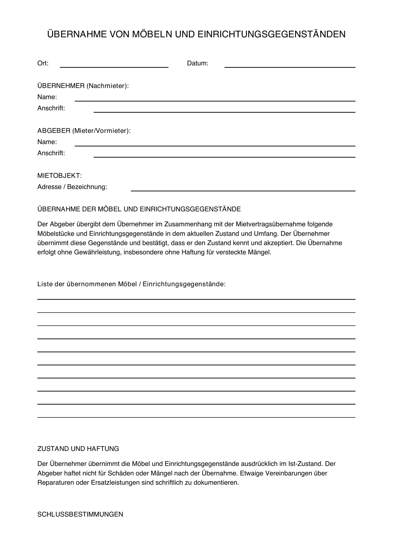 Übernahme Möbel Nachmieter Vorlage
