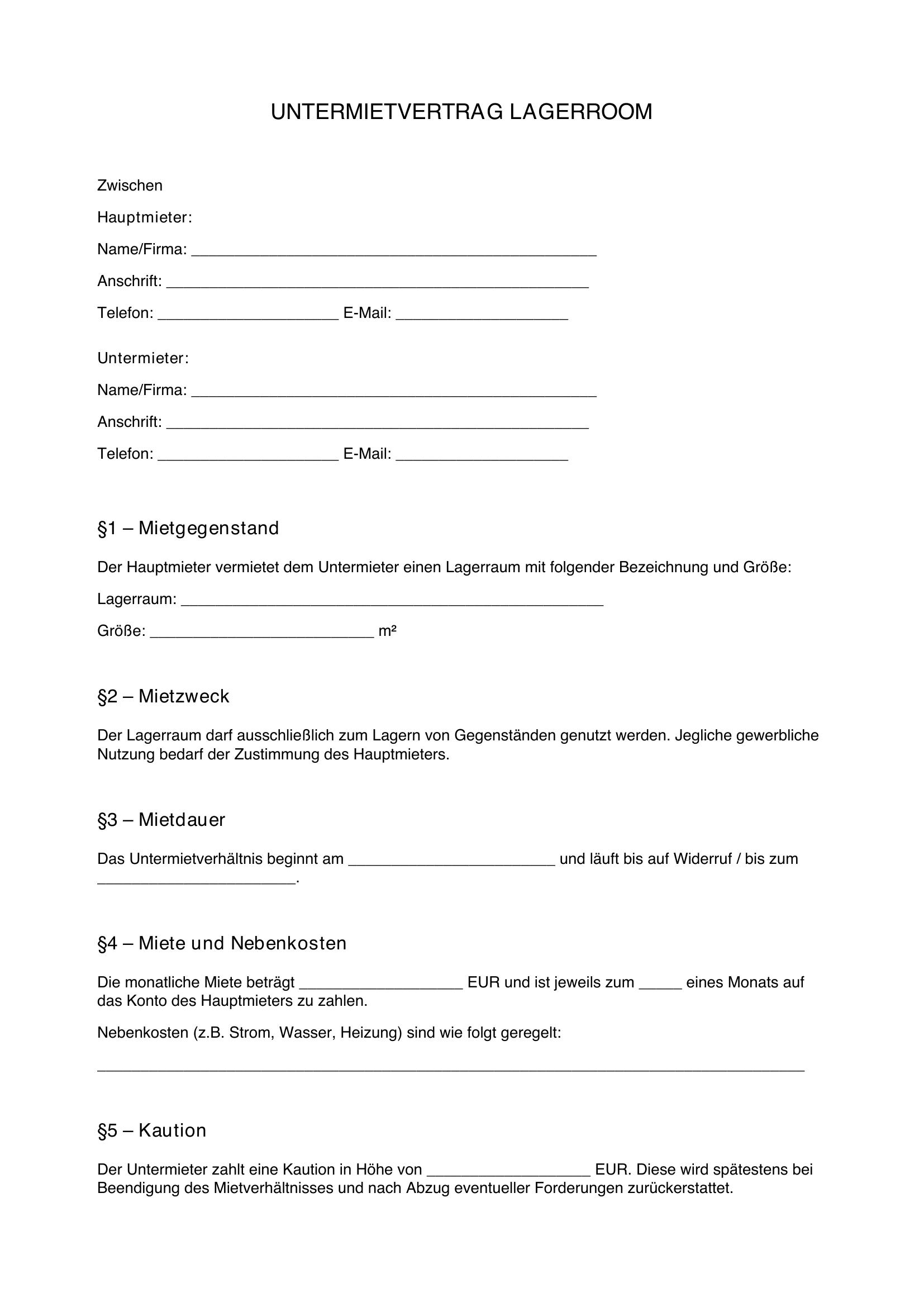 Untermietvertrag Lagerraum Vorlage