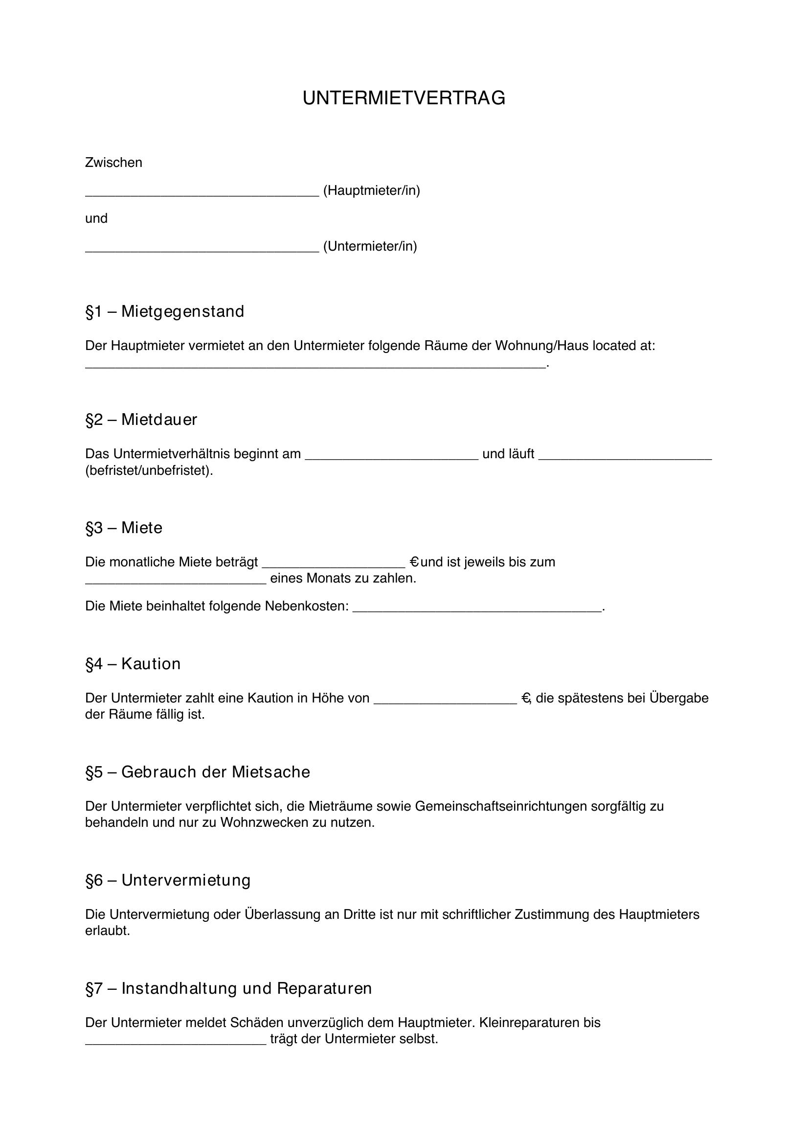 Untermietvertrag Muster Verbraucherzentrale