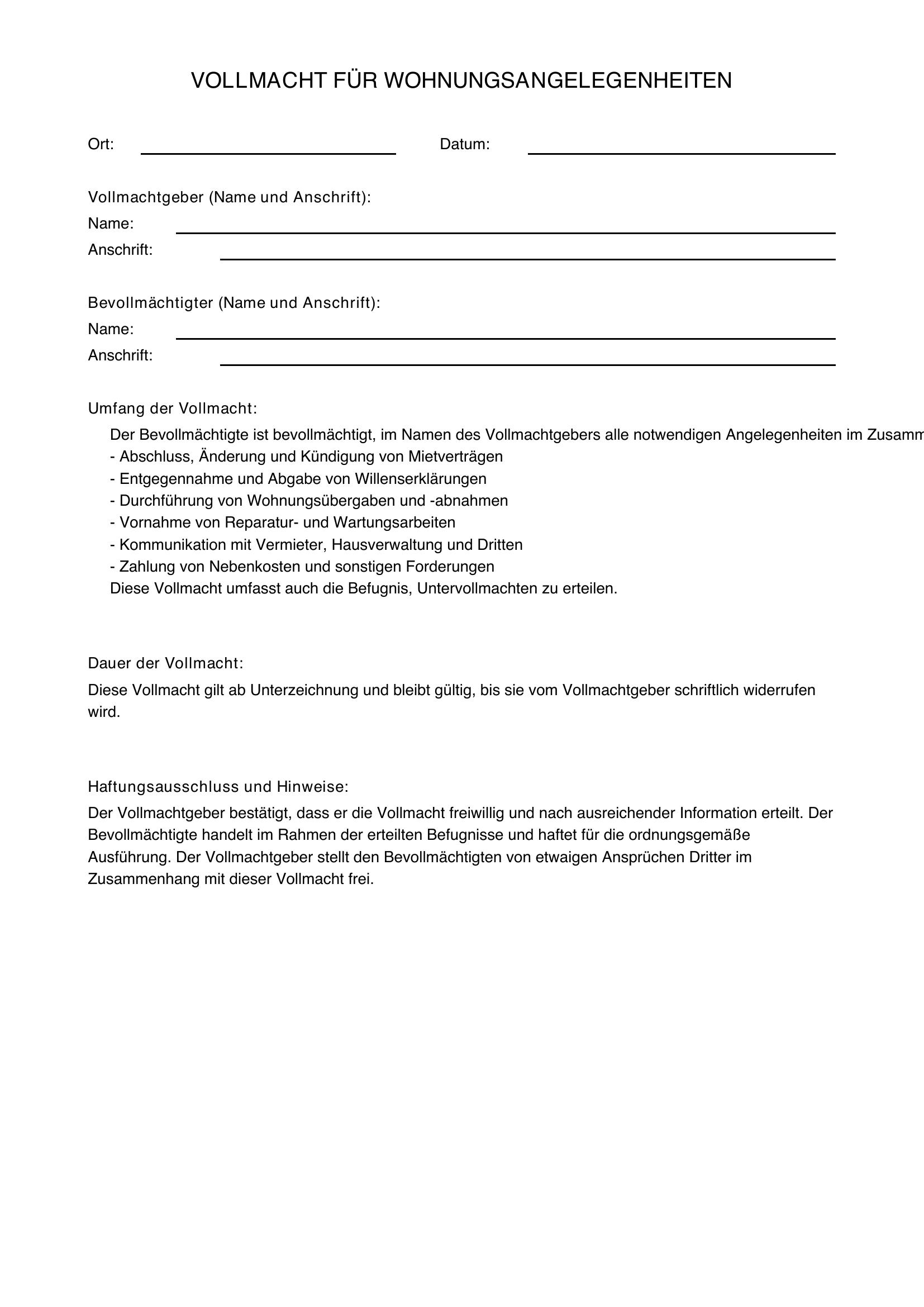 Vollmacht Wohnungsangelegenheiten