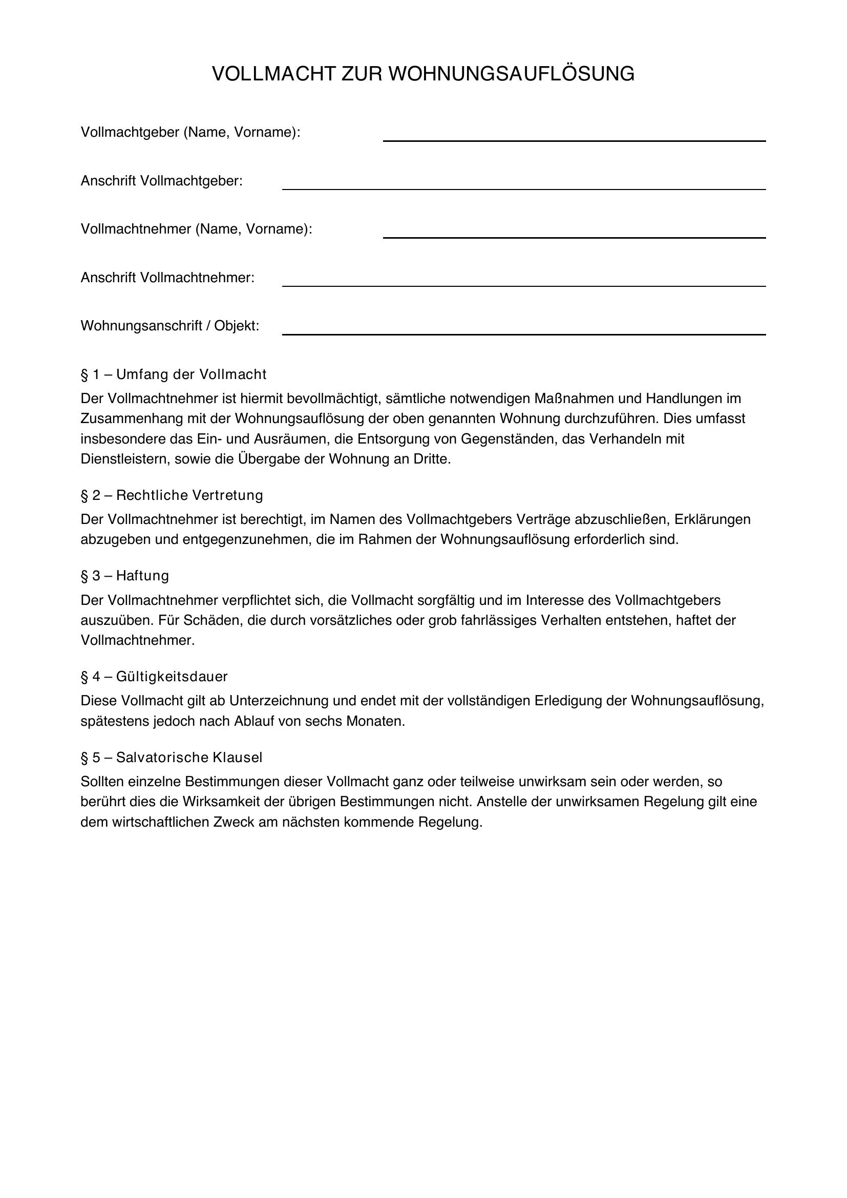Vollmacht Wohnungsauflösung Muster