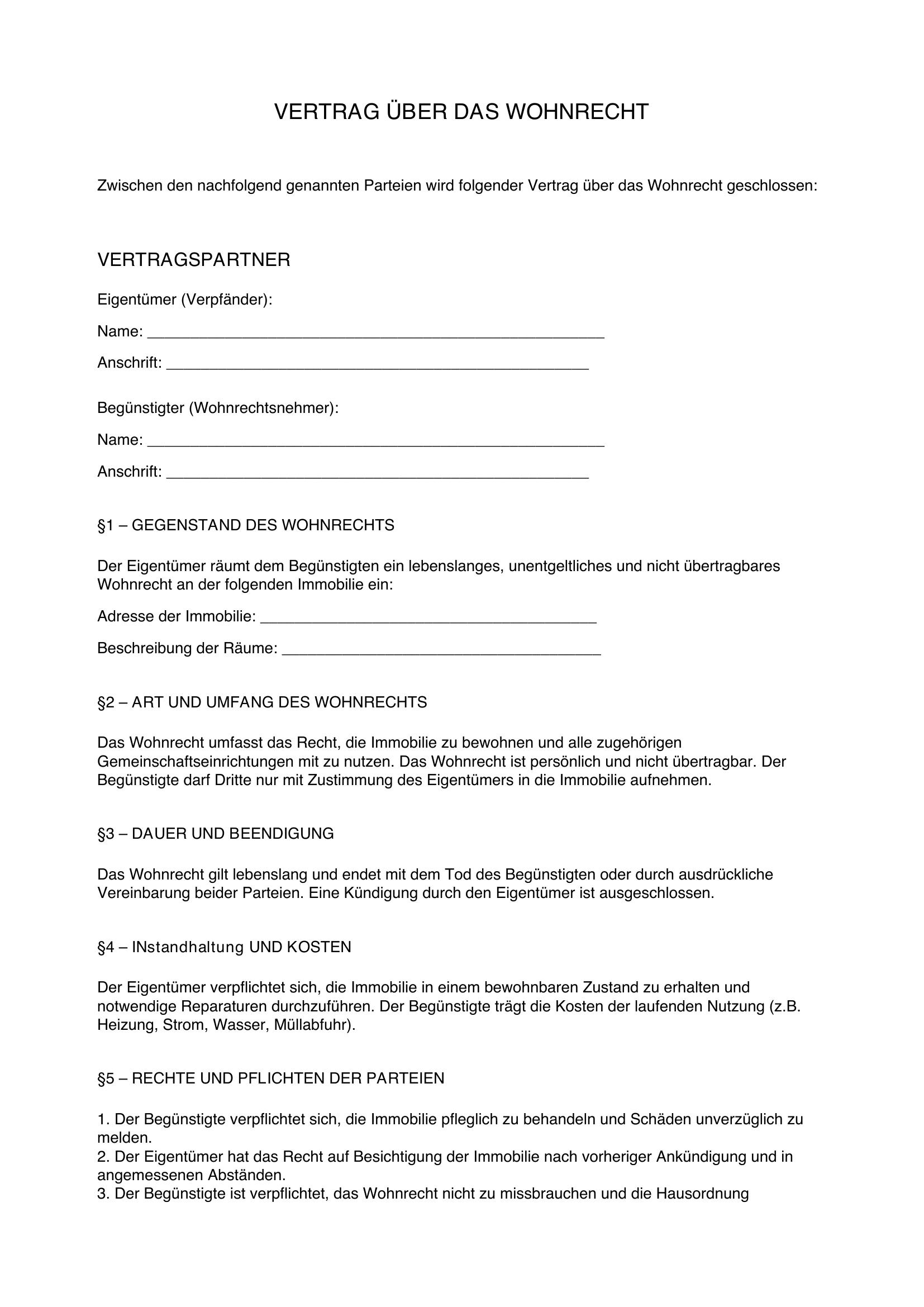 Wohnrecht Vertrag Ohne Notar Muster