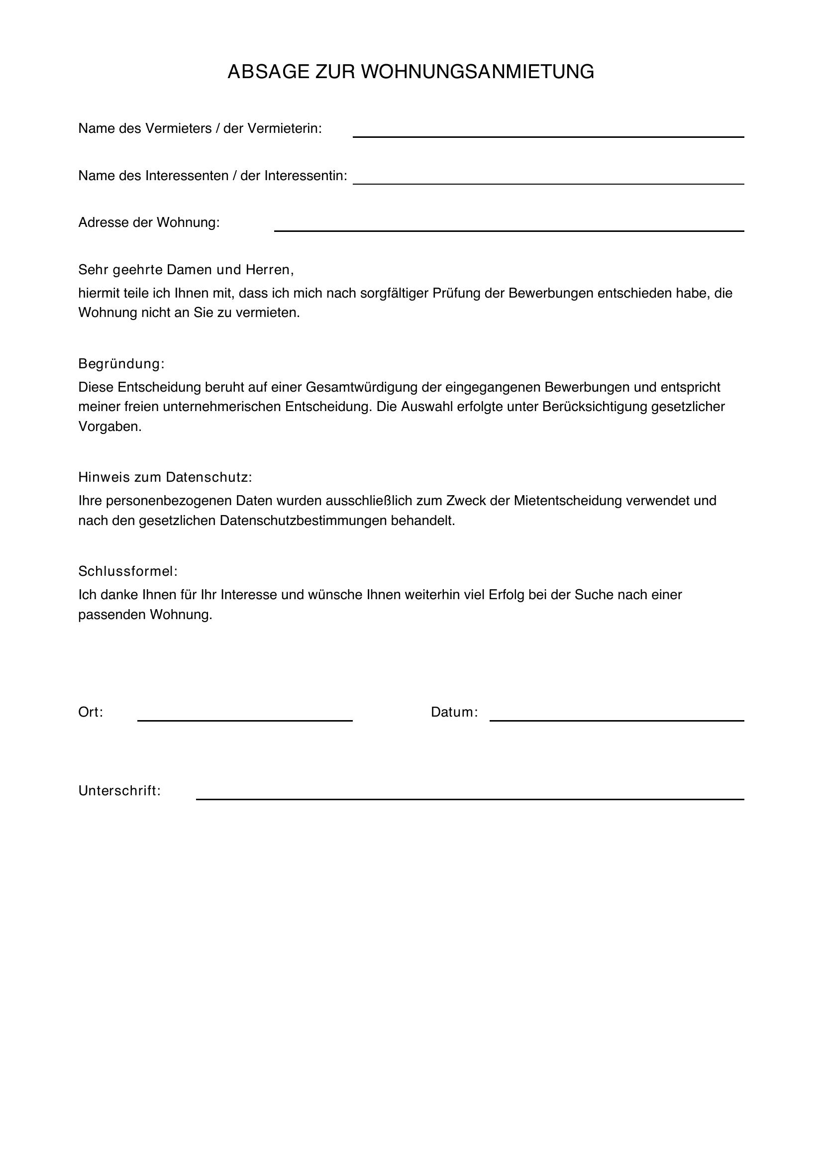 Wohnung Absagen Formulierung