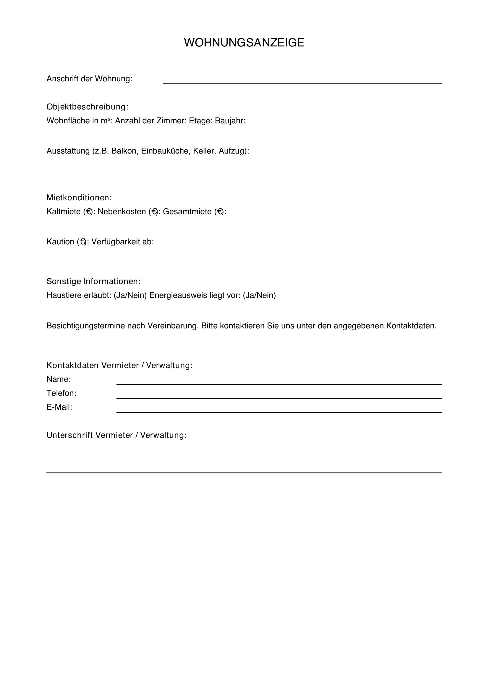 Wohnungsanzeige Vorlage