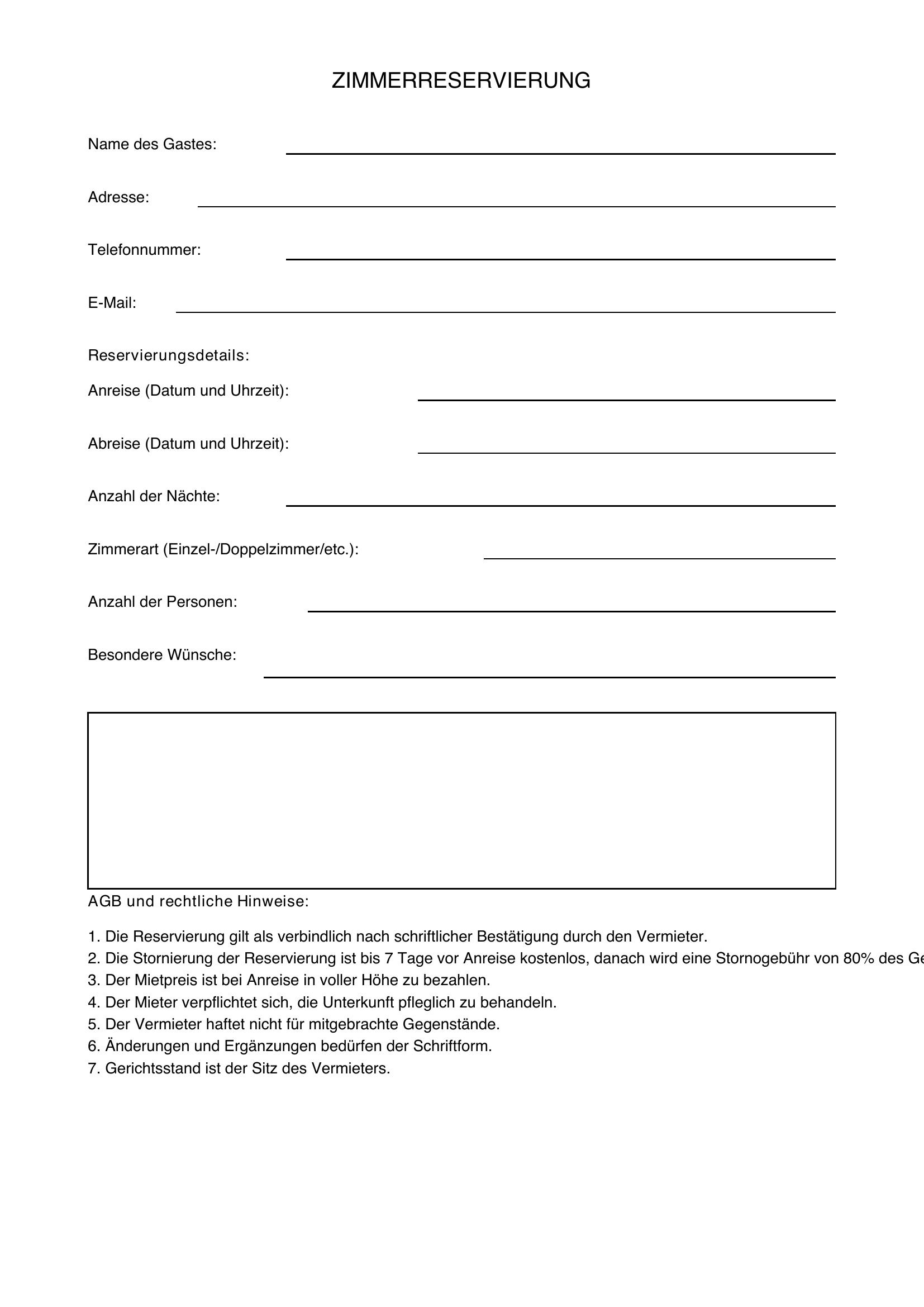 Zimmerreservierung Muster